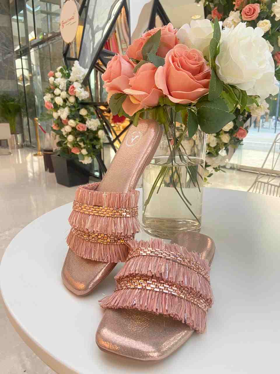 Rose Gold Frills Sliders Flat Sandal