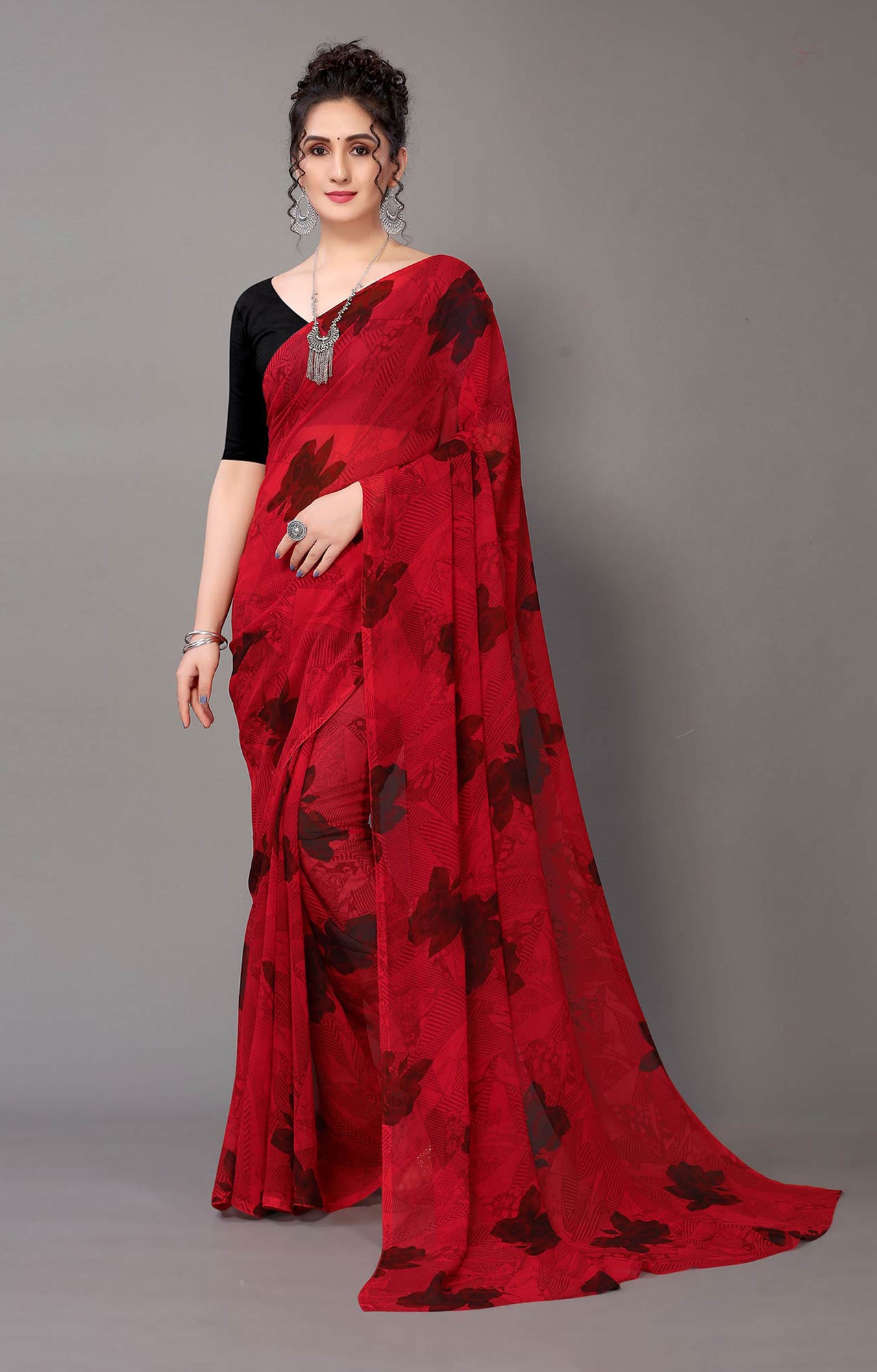 Women Daily Wear Red Floral Printed Georgette Saree - HAL29GR00109RED