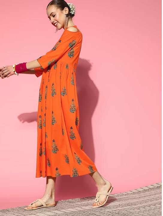 Orange Ethnic Motifs Ethnic A-Line Pure Cotton Midi Dress