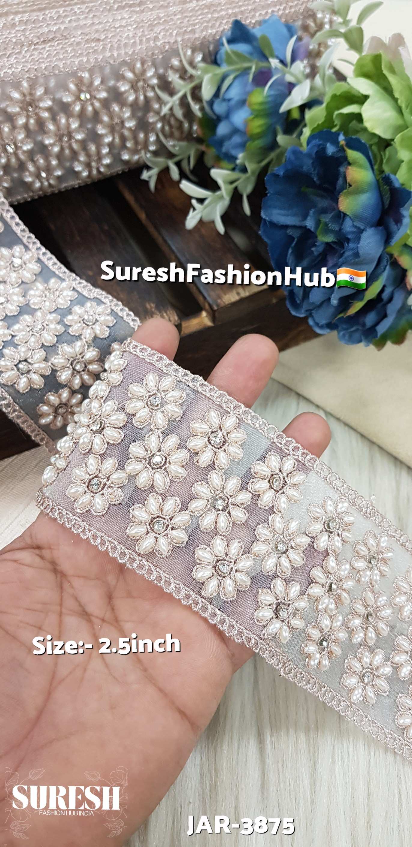 Rose Gold Floral Dori Pearl Diamond Cutwork Lace