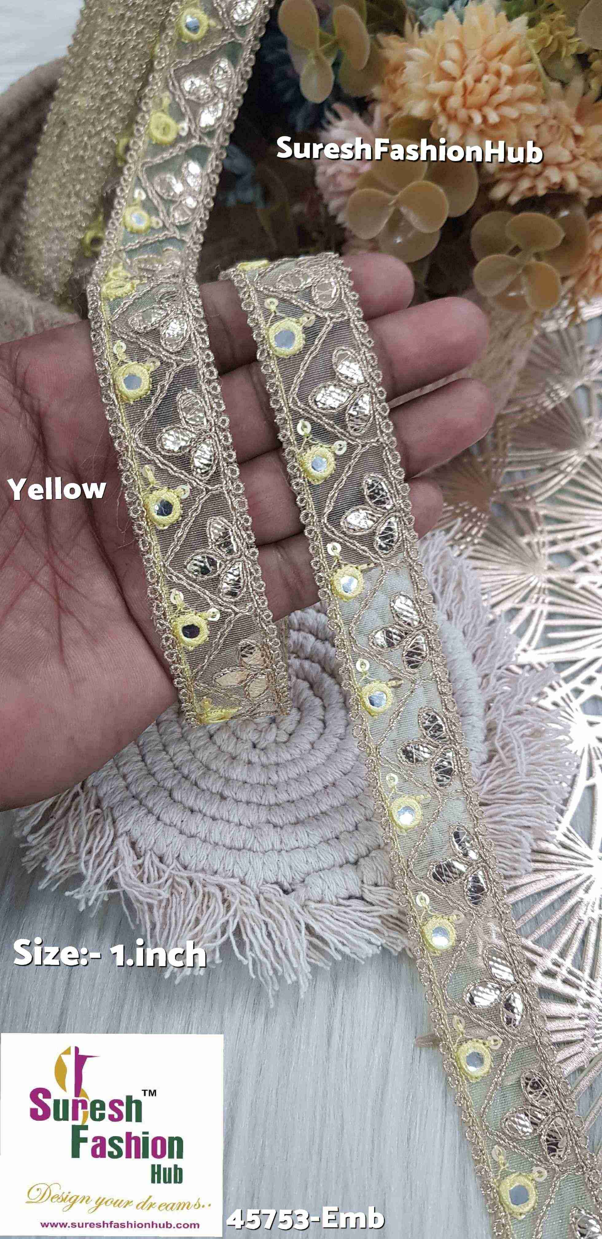 Glimmering Gota and Mirror Embroidered Yellow Organza Lace ellow