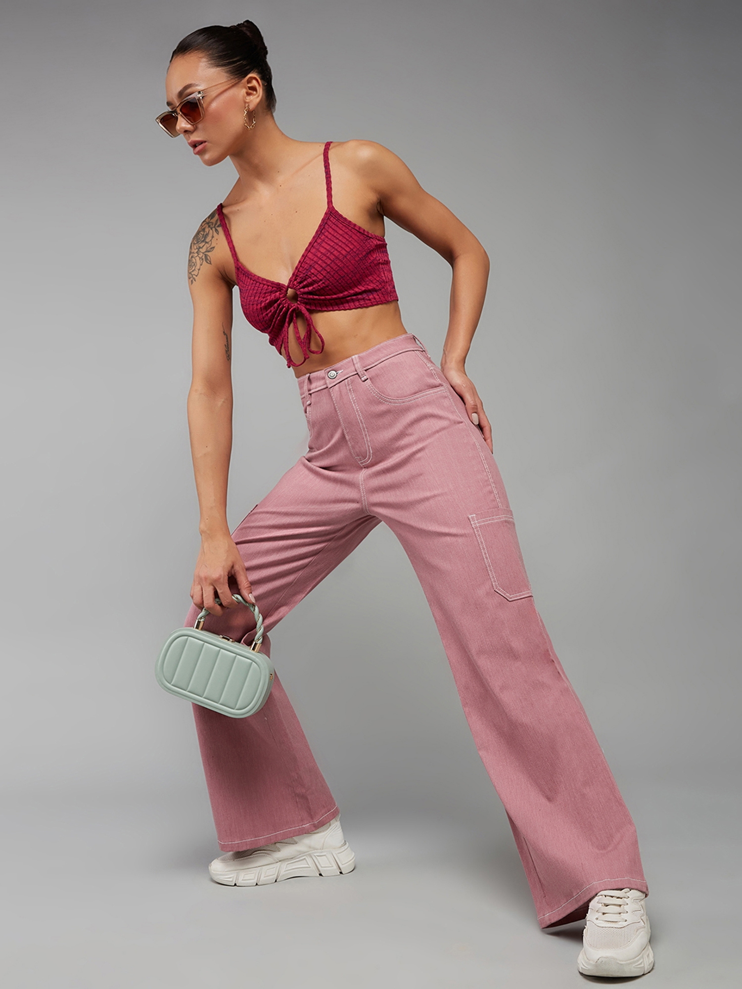 Women's Dusty Pink Wide-Leg High Rise Clean Look Regular-Length Stretchable Denim Pants