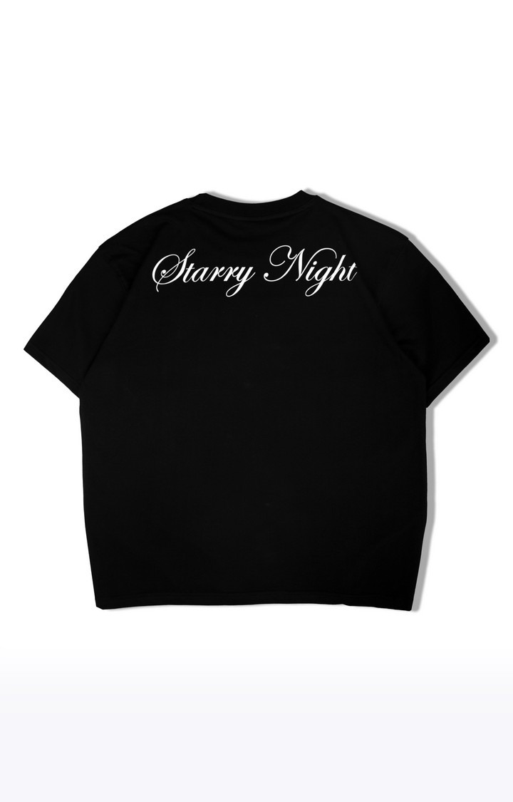 Unisex Starry Night Black Cotton Printed Oversized T-Shirt