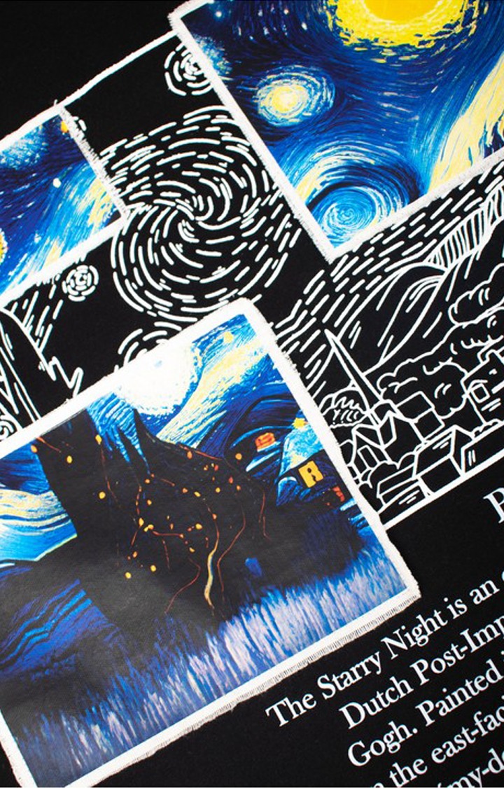 Unisex Starry Night Black Cotton Printed Oversized T-Shirt