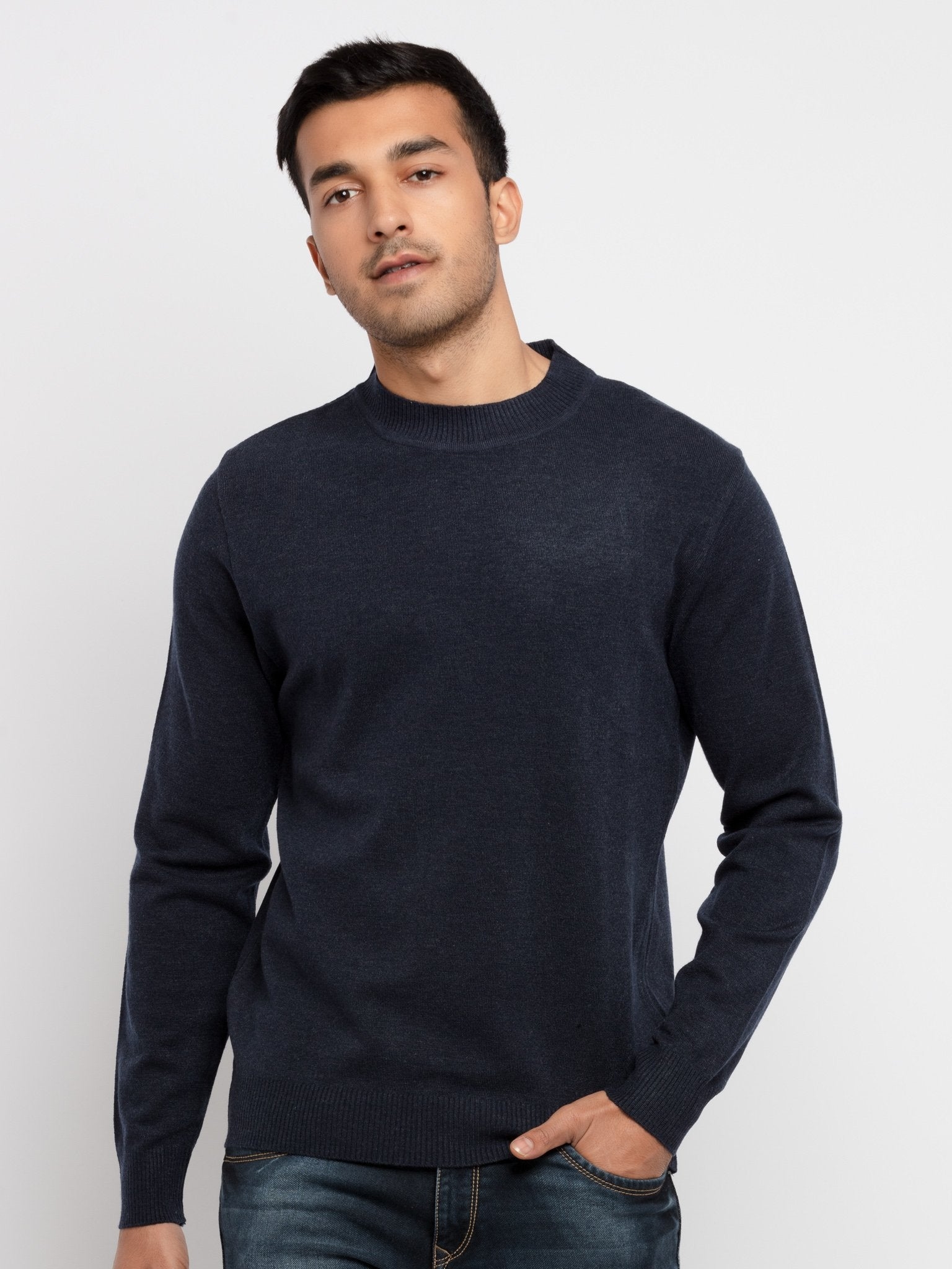 Status Quo | Men's Blue Acrylic Solid Sweaters 0