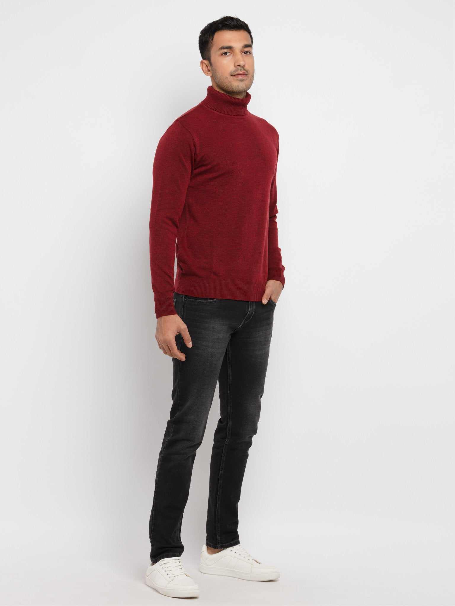 Status Quo | Men's Maroon Acrylic Solid Sweaters 4