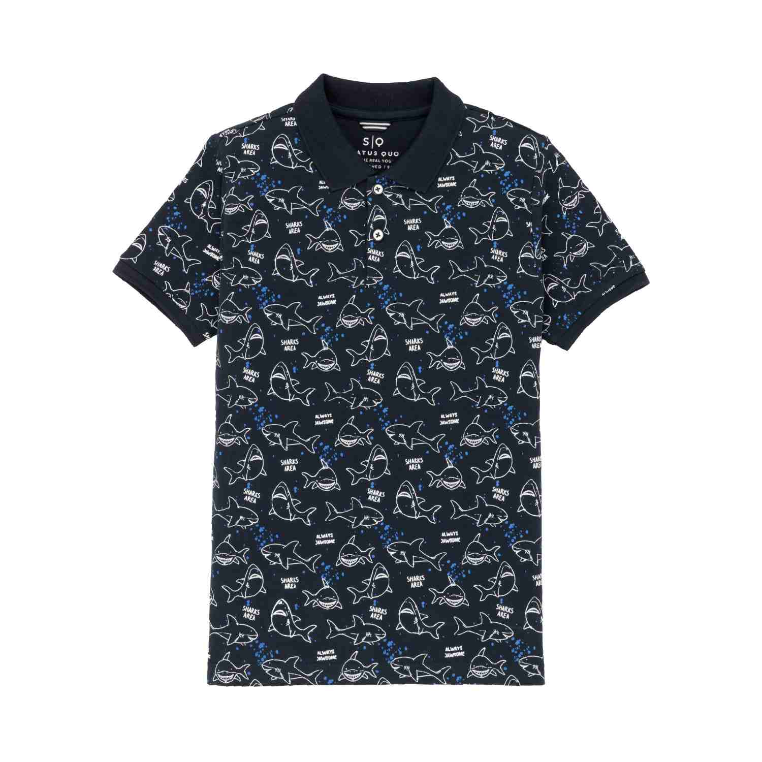 Boy's Navy Cotton Blend Printed Polos