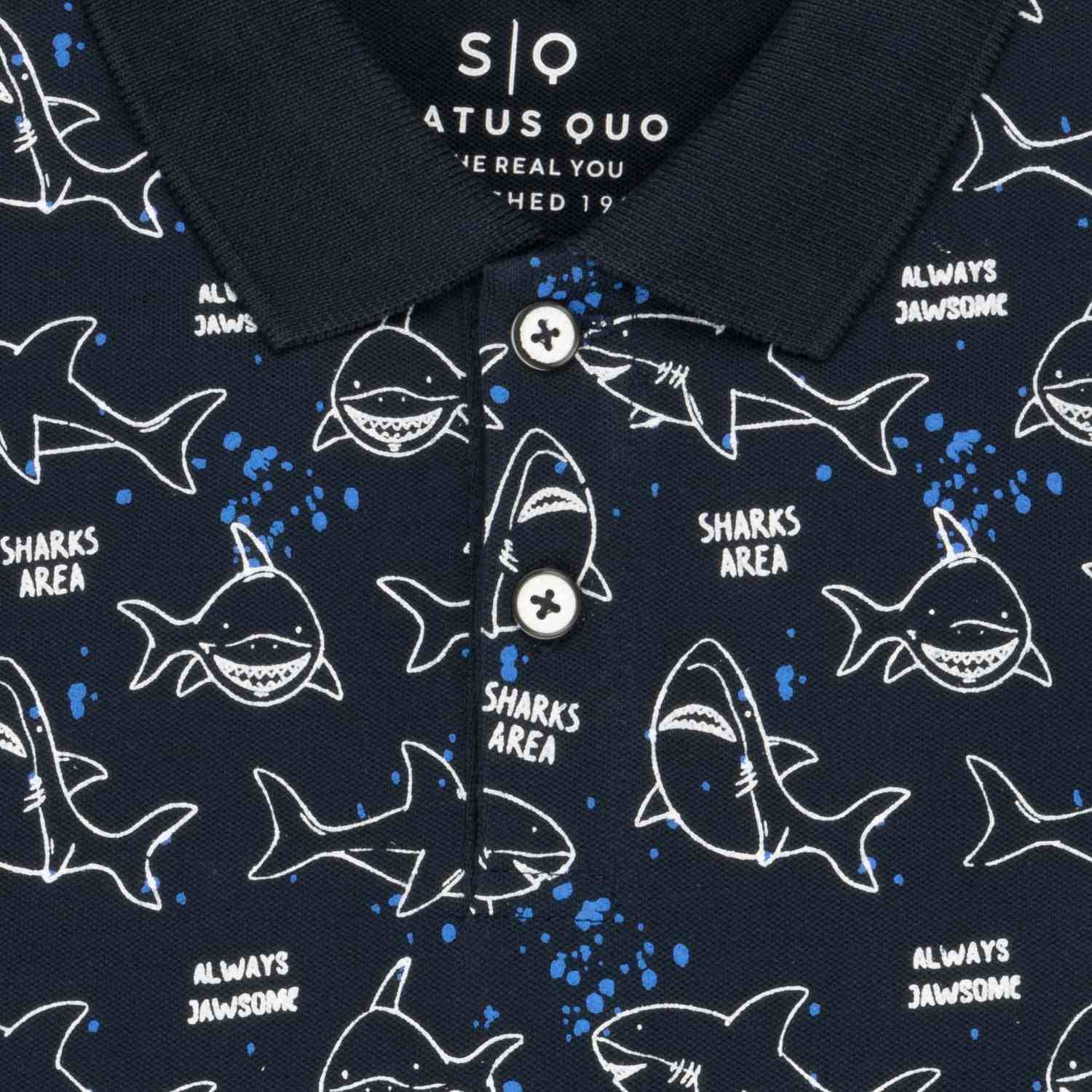Boy's Navy Cotton Blend Printed Polos