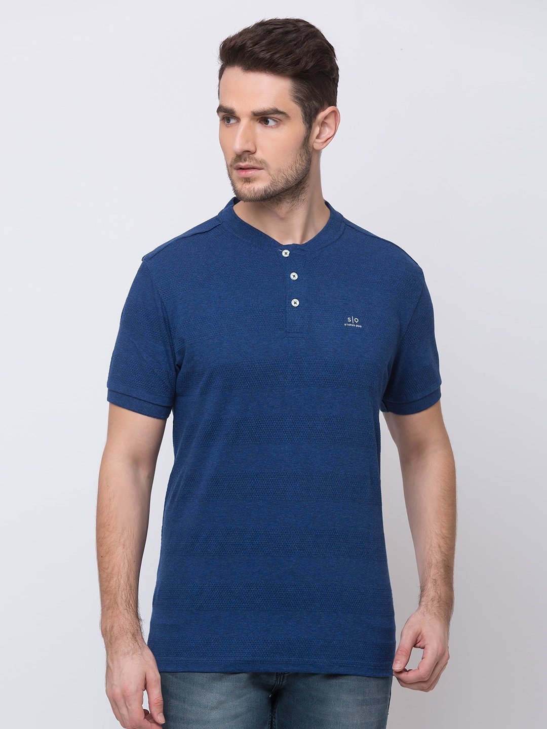 Status Quo | Men's Blue Cotton Melange Textured Regular T-Shirt 0