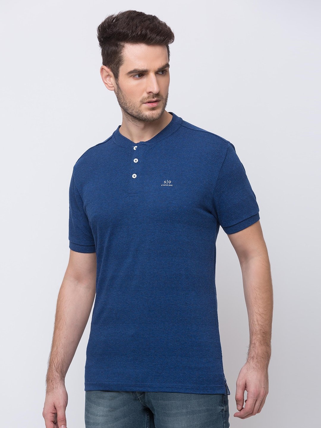 Status Quo | Men's Blue Cotton Melange Textured Regular T-Shirt 1