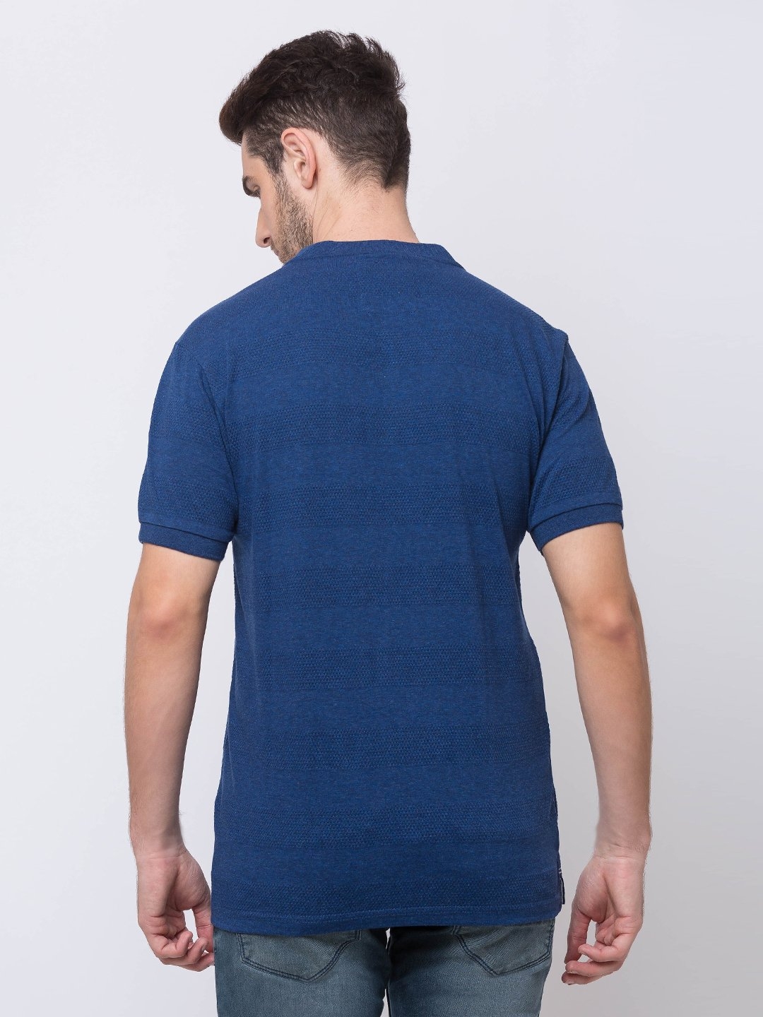 Status Quo | Men's Blue Cotton Melange Textured Regular T-Shirt 2