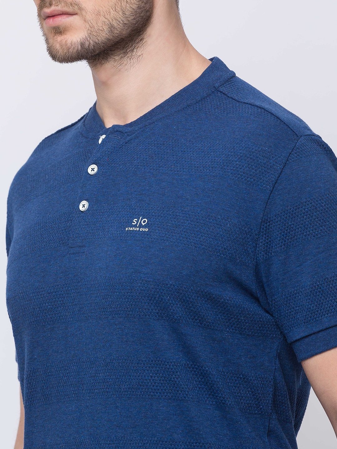 Status Quo | Men's Blue Cotton Melange Textured Regular T-Shirt 6
