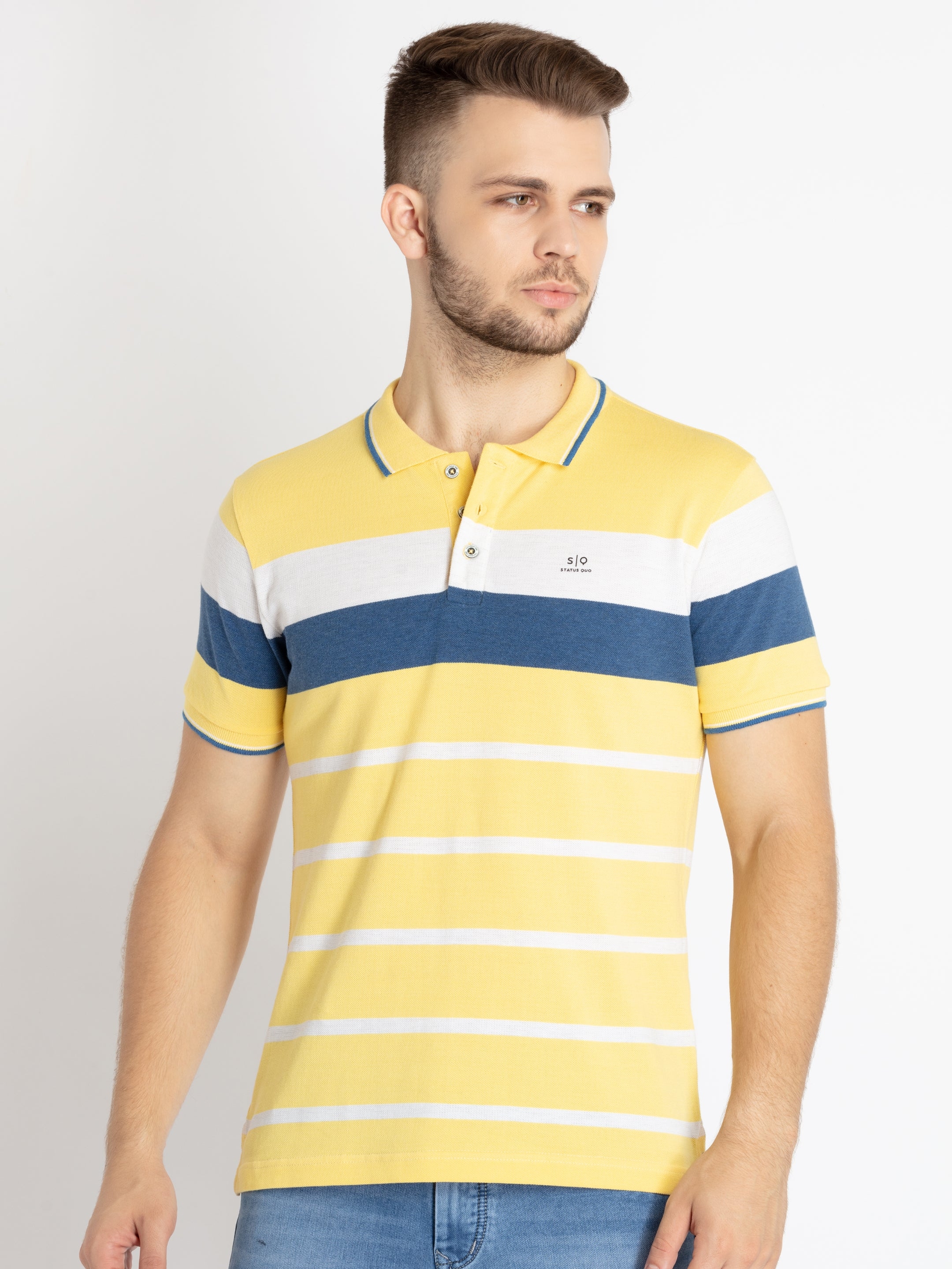 Status Quo | Men's Yellow Cotton Striped Polo T-Shirts 0