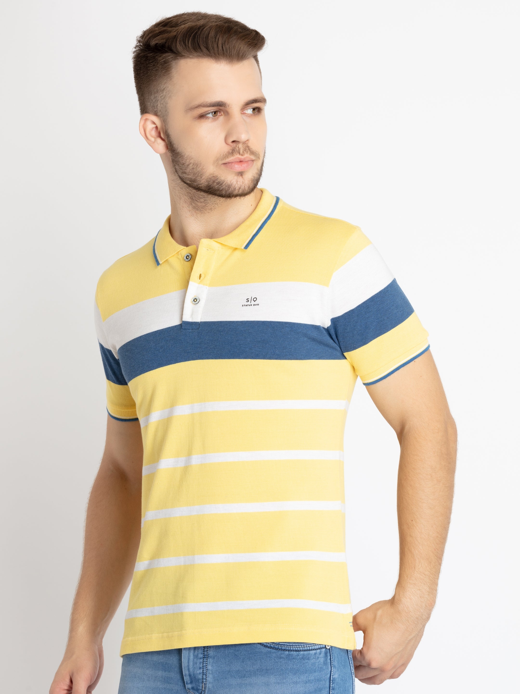 Status Quo | Men's Yellow Cotton Striped Polo T-Shirts 1