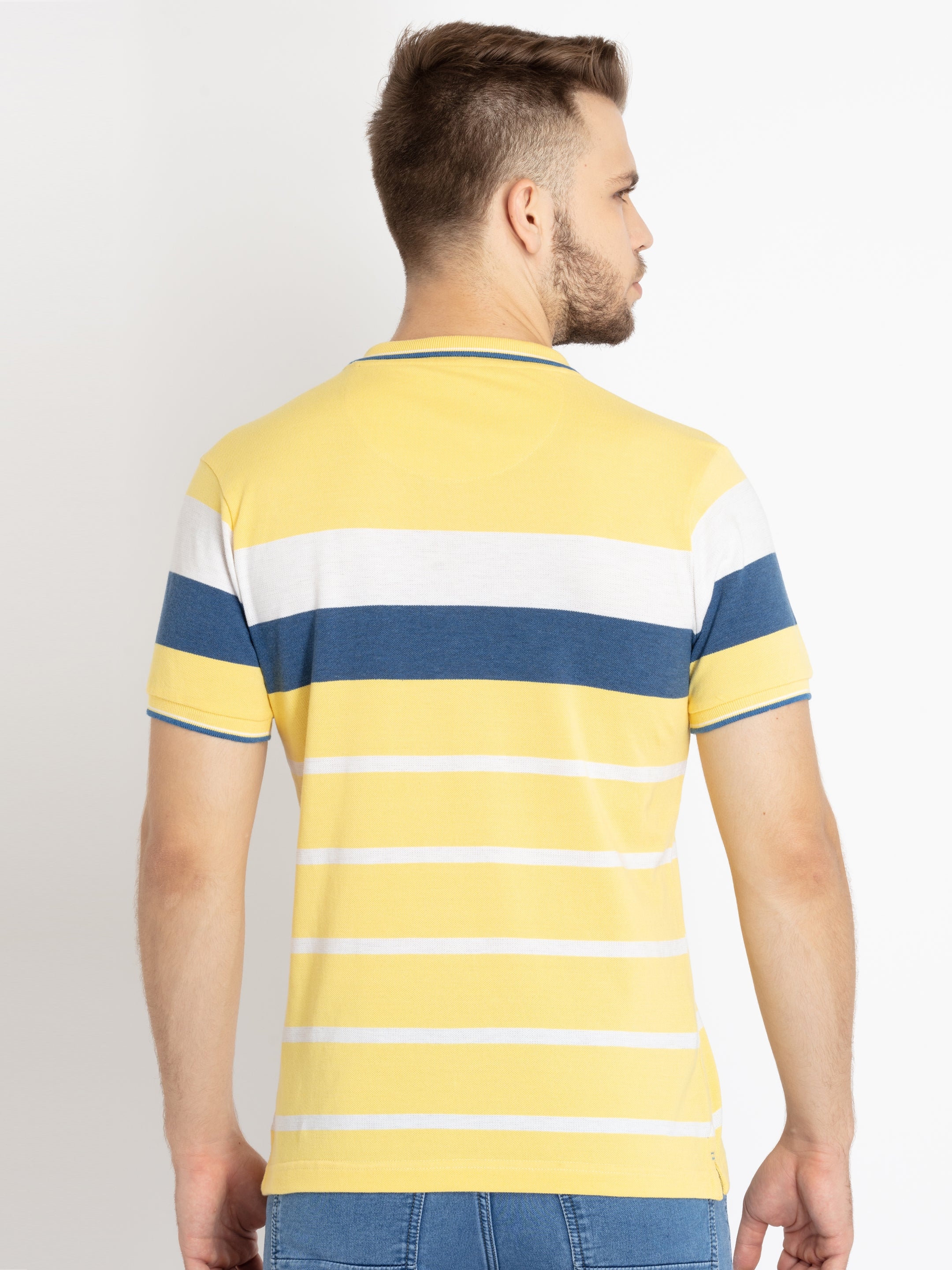 Status Quo | Men's Yellow Cotton Striped Polo T-Shirts 2