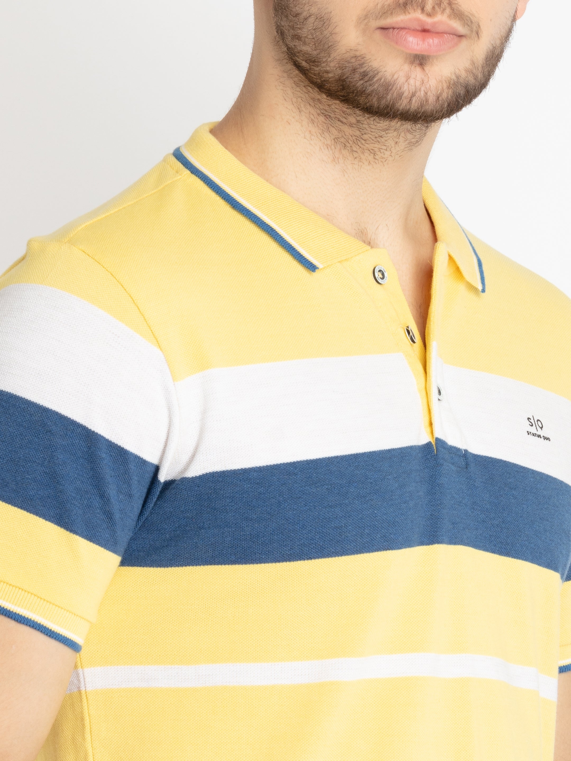 Status Quo | Men's Yellow Cotton Striped Polo T-Shirts 3
