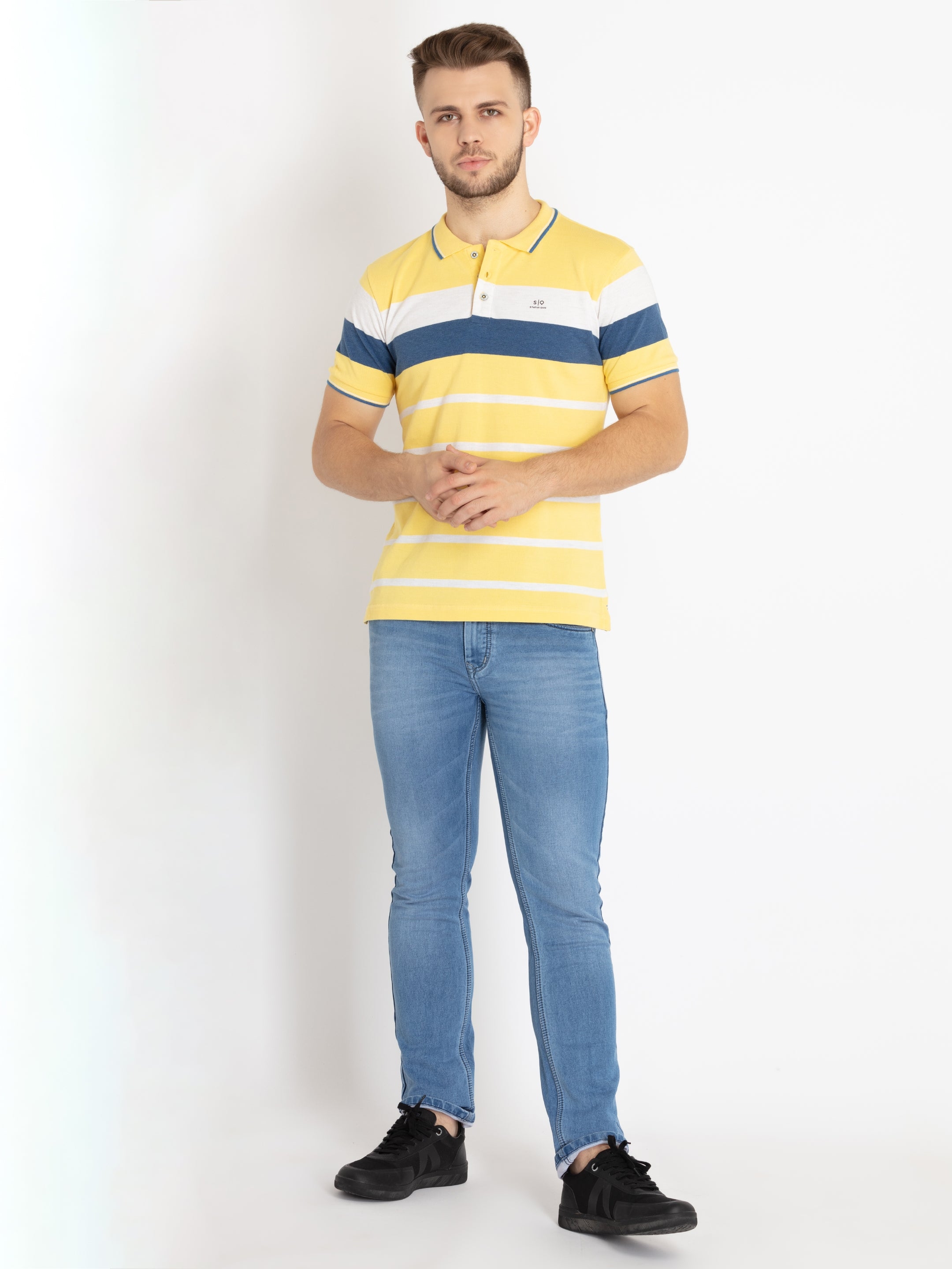 Status Quo | Men's Yellow Cotton Striped Polo T-Shirts 4