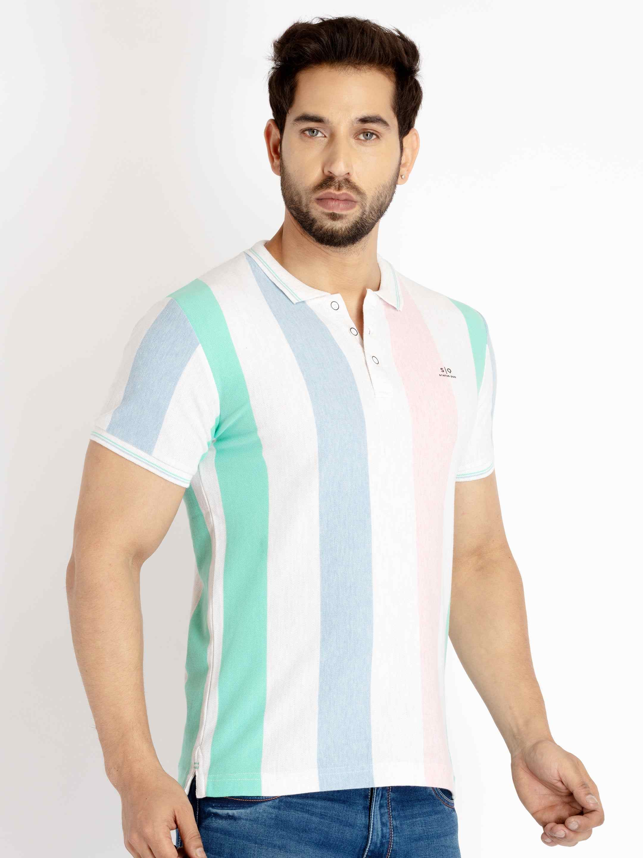 Men's Multicolor Polycotton Striped Polo T-Shirts