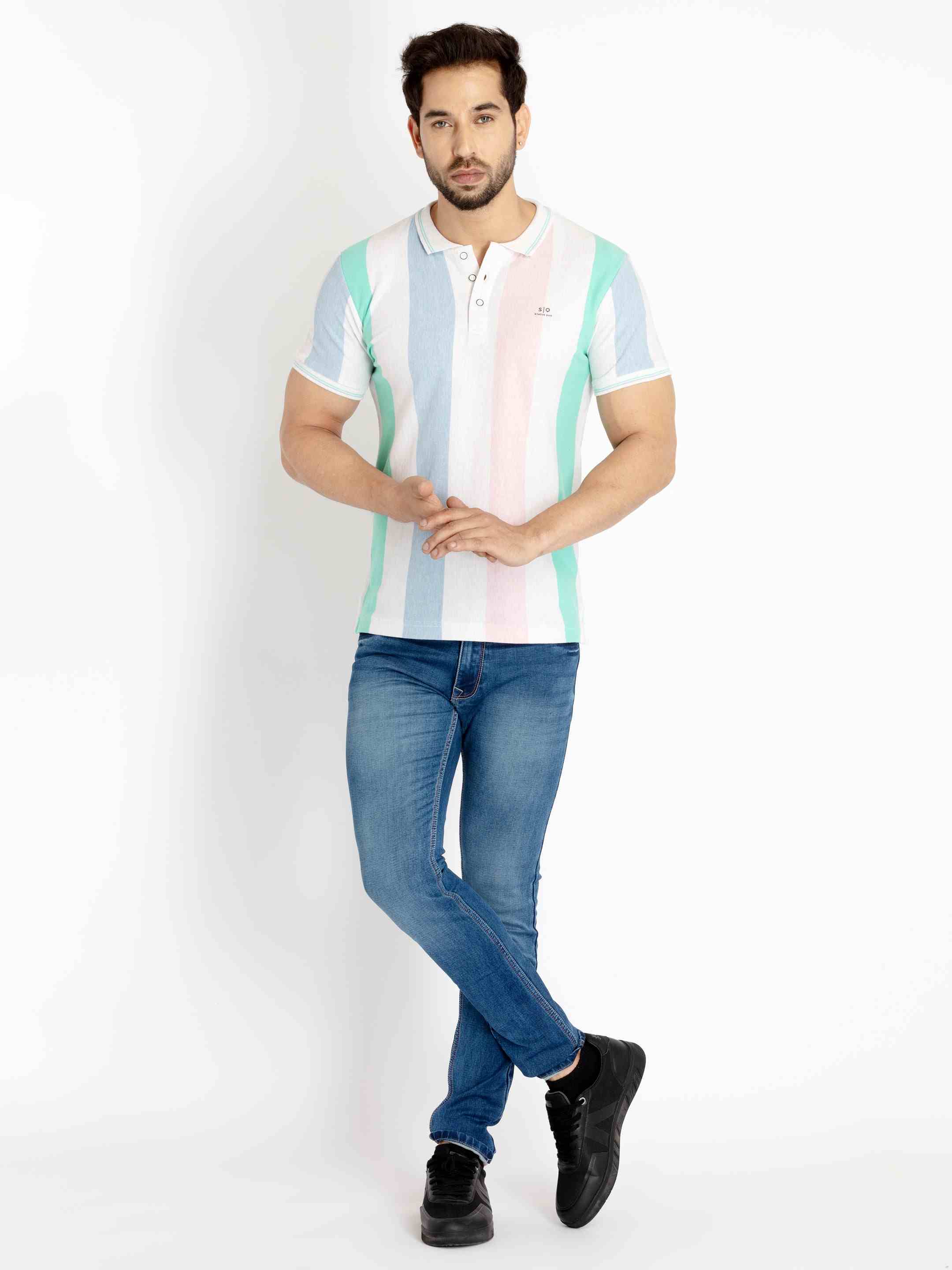 Men's Multicolor Polycotton Striped Polo T-Shirts