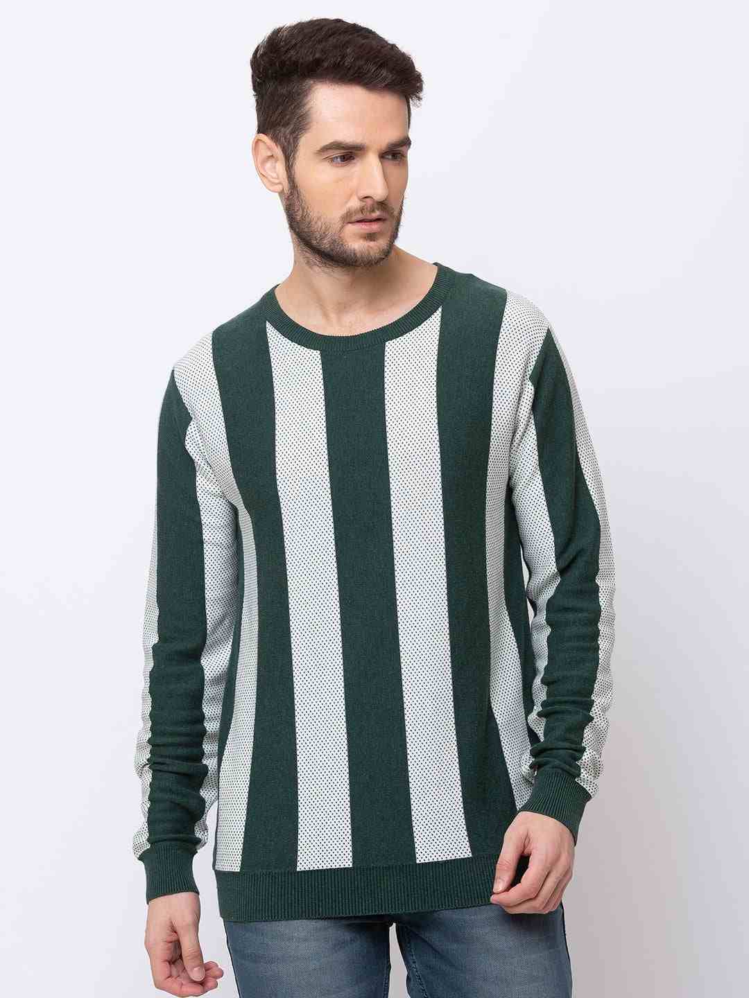 Men's Green Cotton Striped Sweaters
