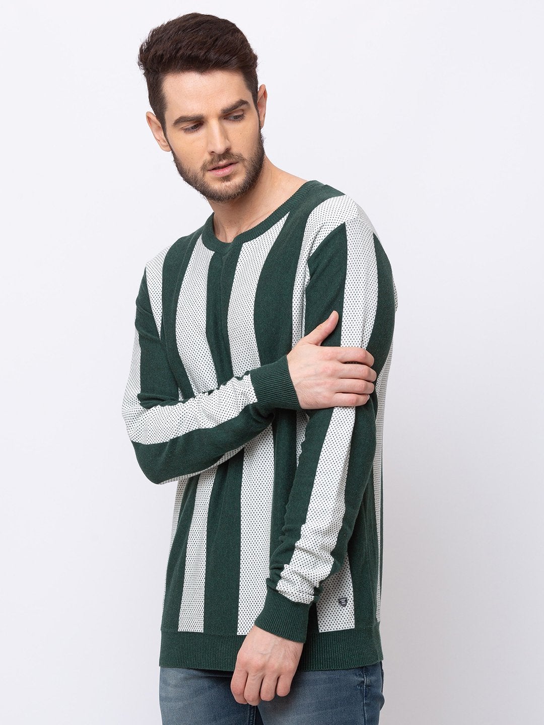 Men's Green Cotton Striped Sweaters