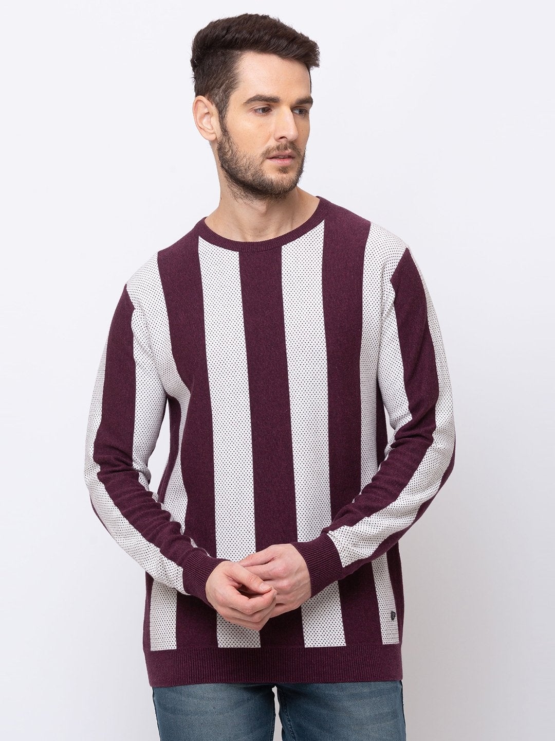 Status Quo | Men's Red Cotton Striped Sweaters 0