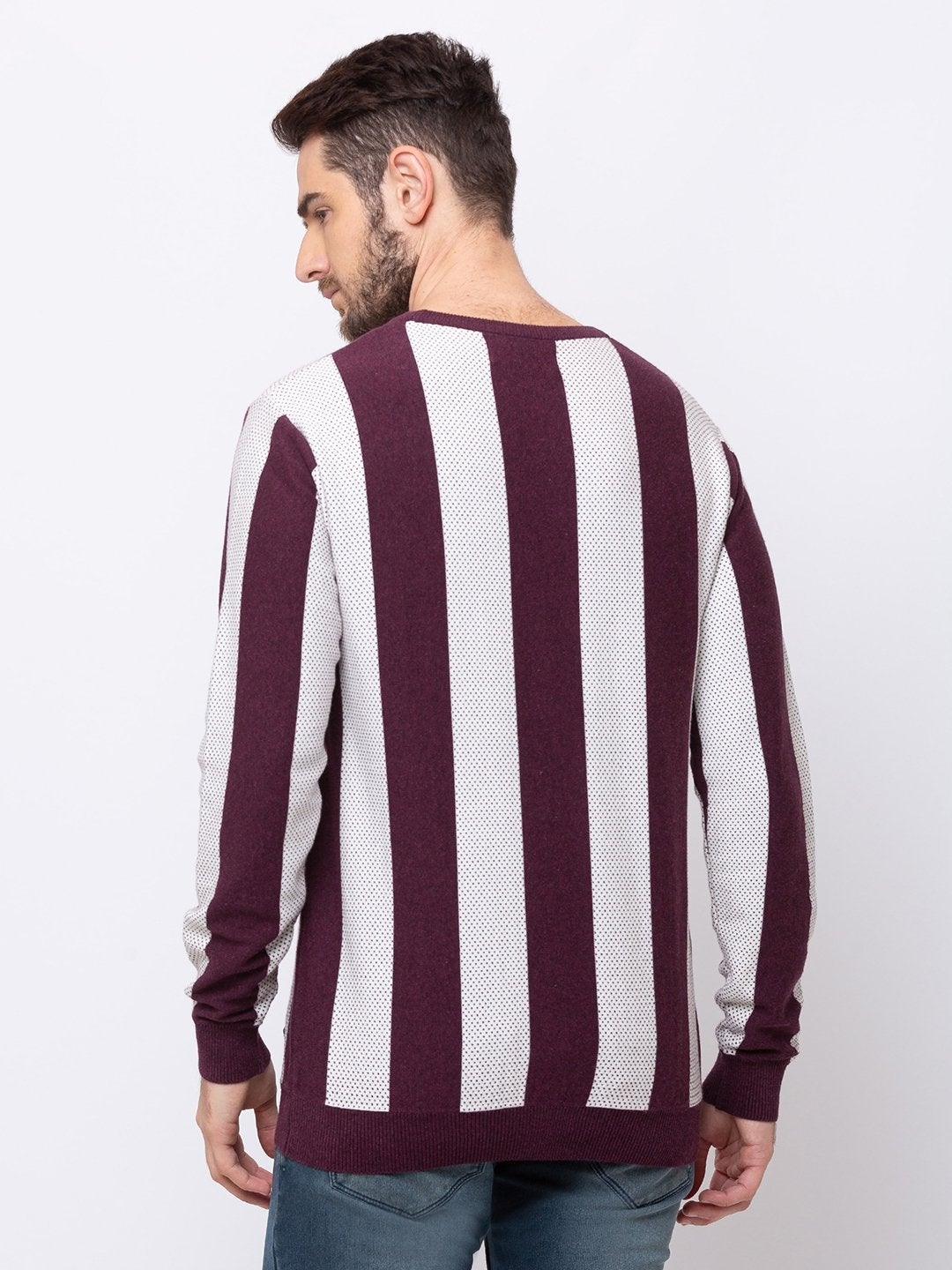 Status Quo | Men's Red Cotton Striped Sweaters 5