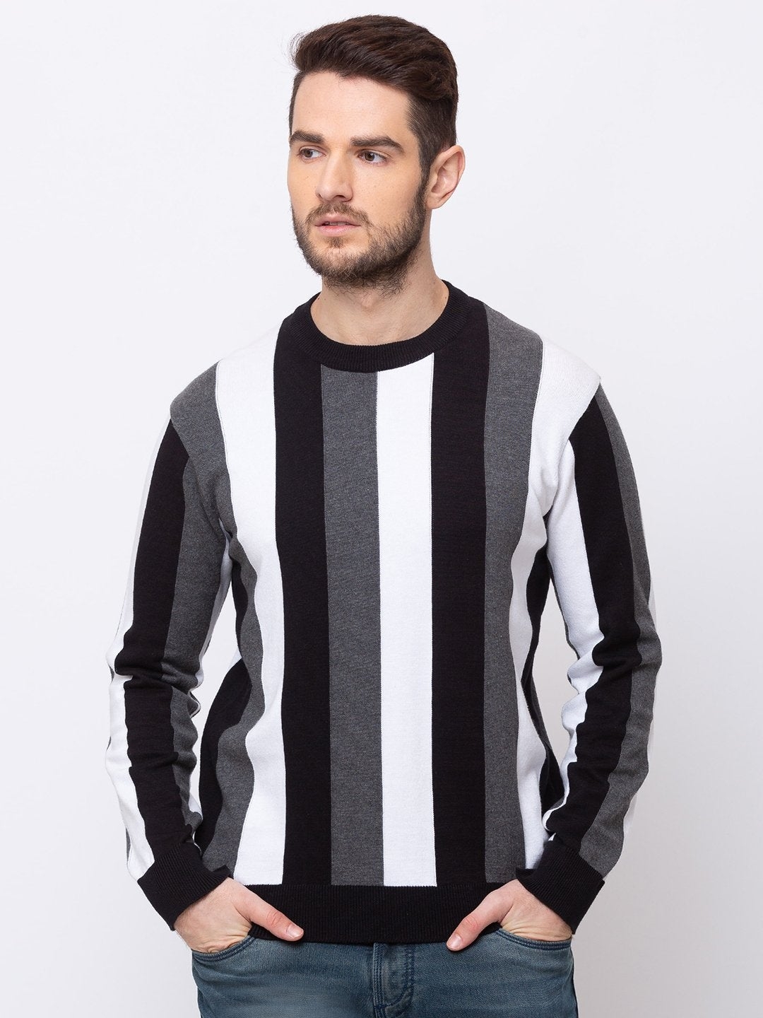Status Quo | Men's Black Cotton Striped Sweatshirts 0