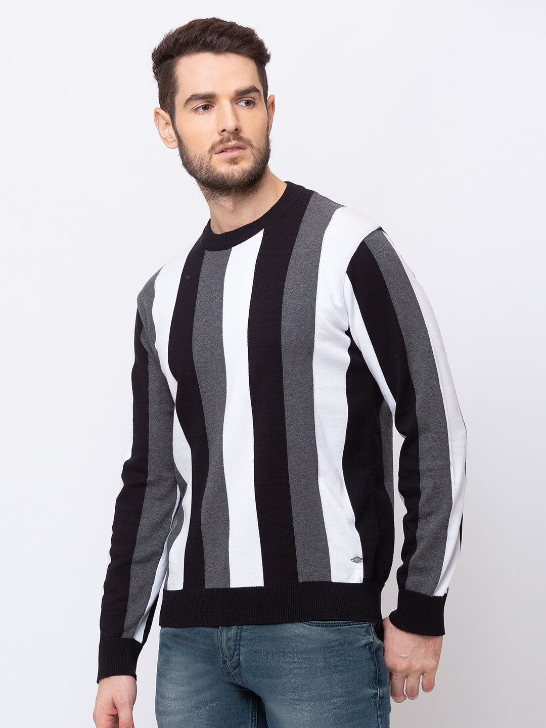 Status Quo | Men's Black Cotton Striped Sweatshirts 1