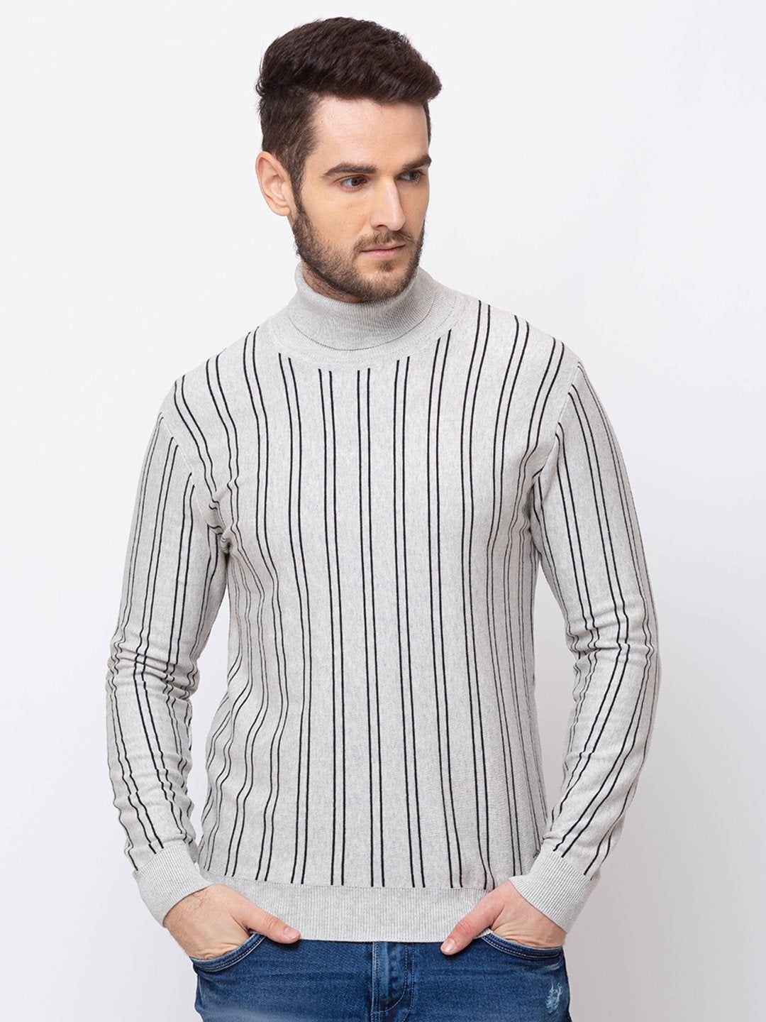 Status Quo | Men's Grey Cotton Striped Sweaters 0