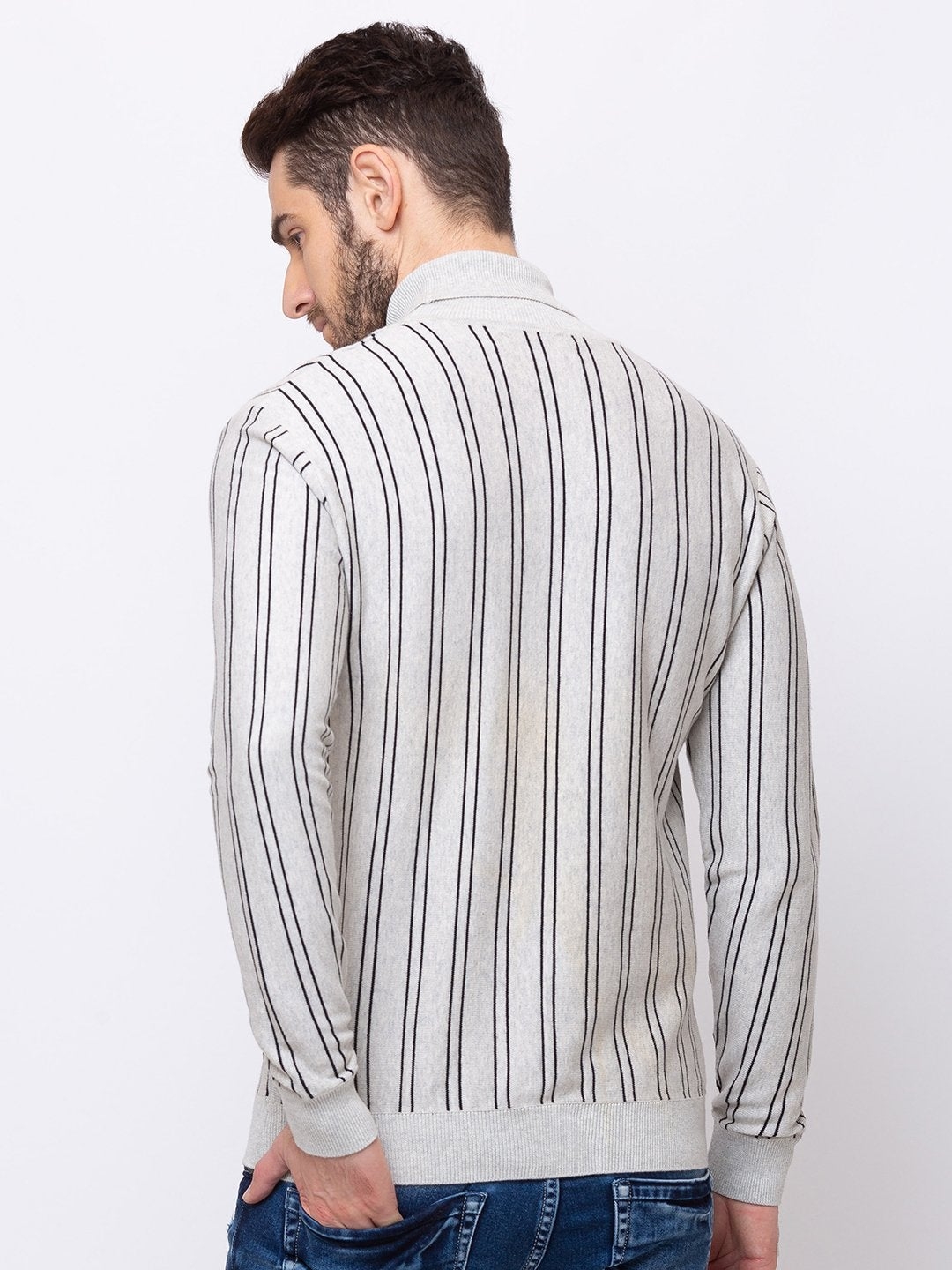 Status Quo | Men's Grey Cotton Striped Sweaters 2