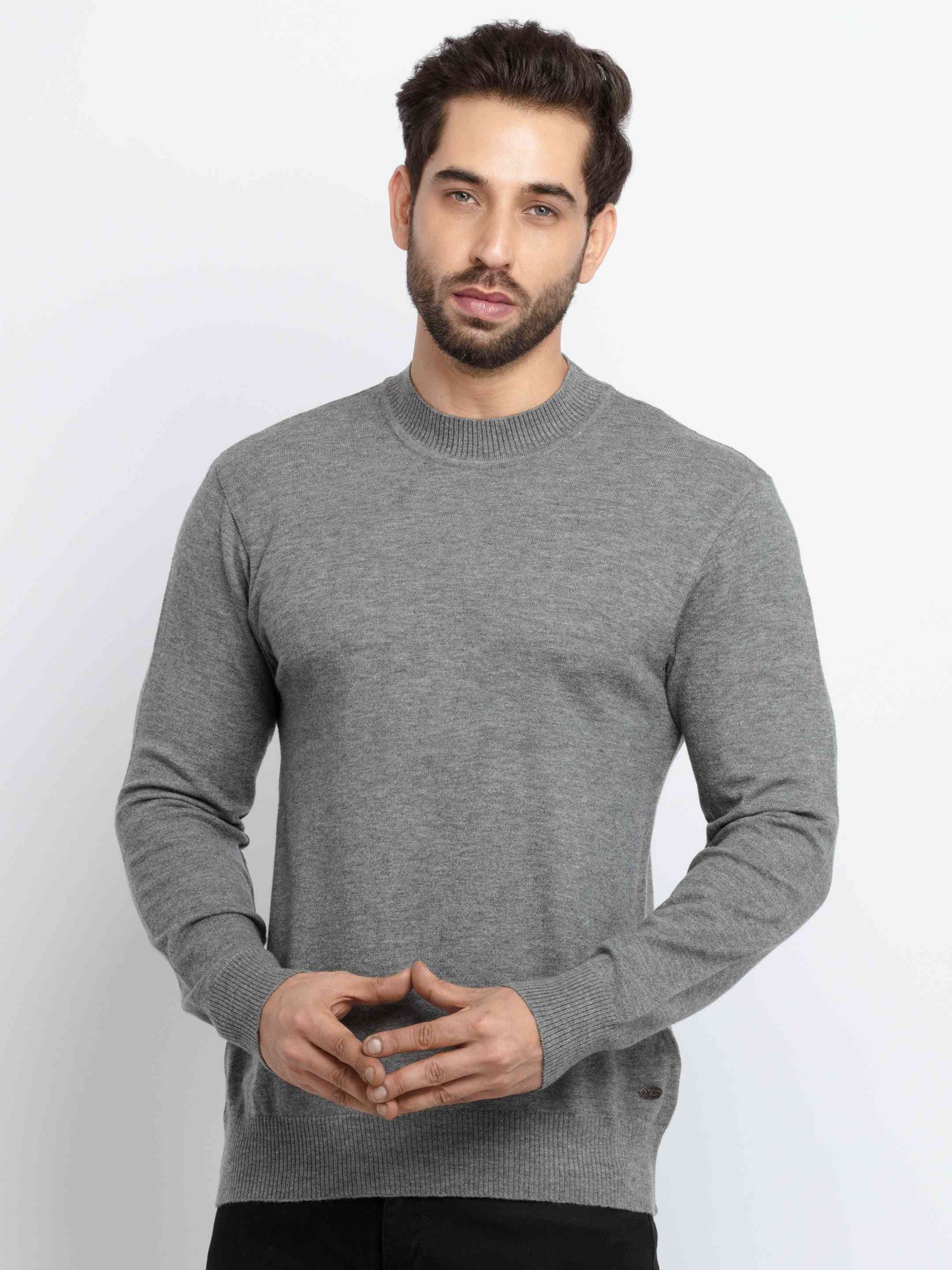 Status Quo | Men's Grey Acrylic Solid Sweaters 0