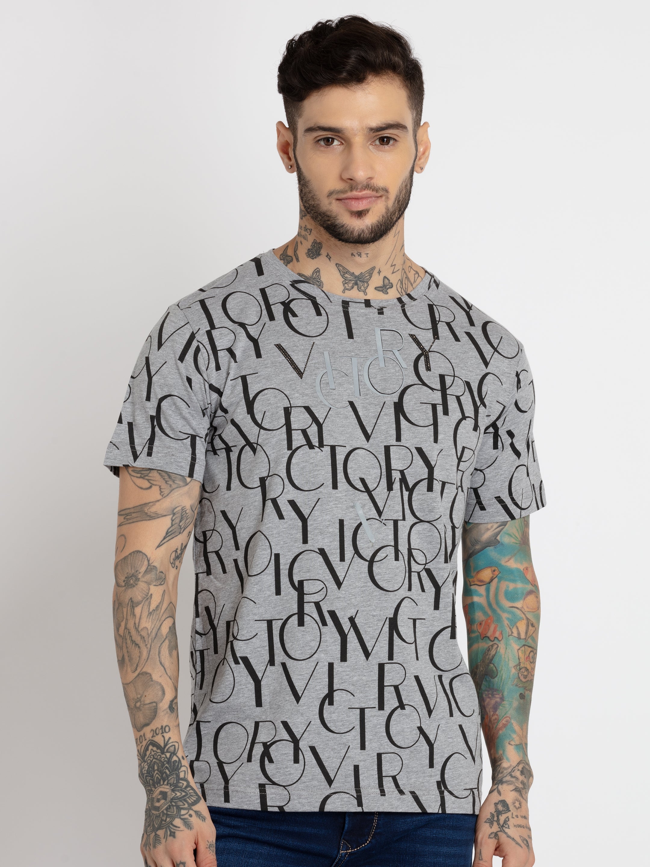 Status Quo | Men's Grey Cotton Typographic Printed Regular T-Shirt 0