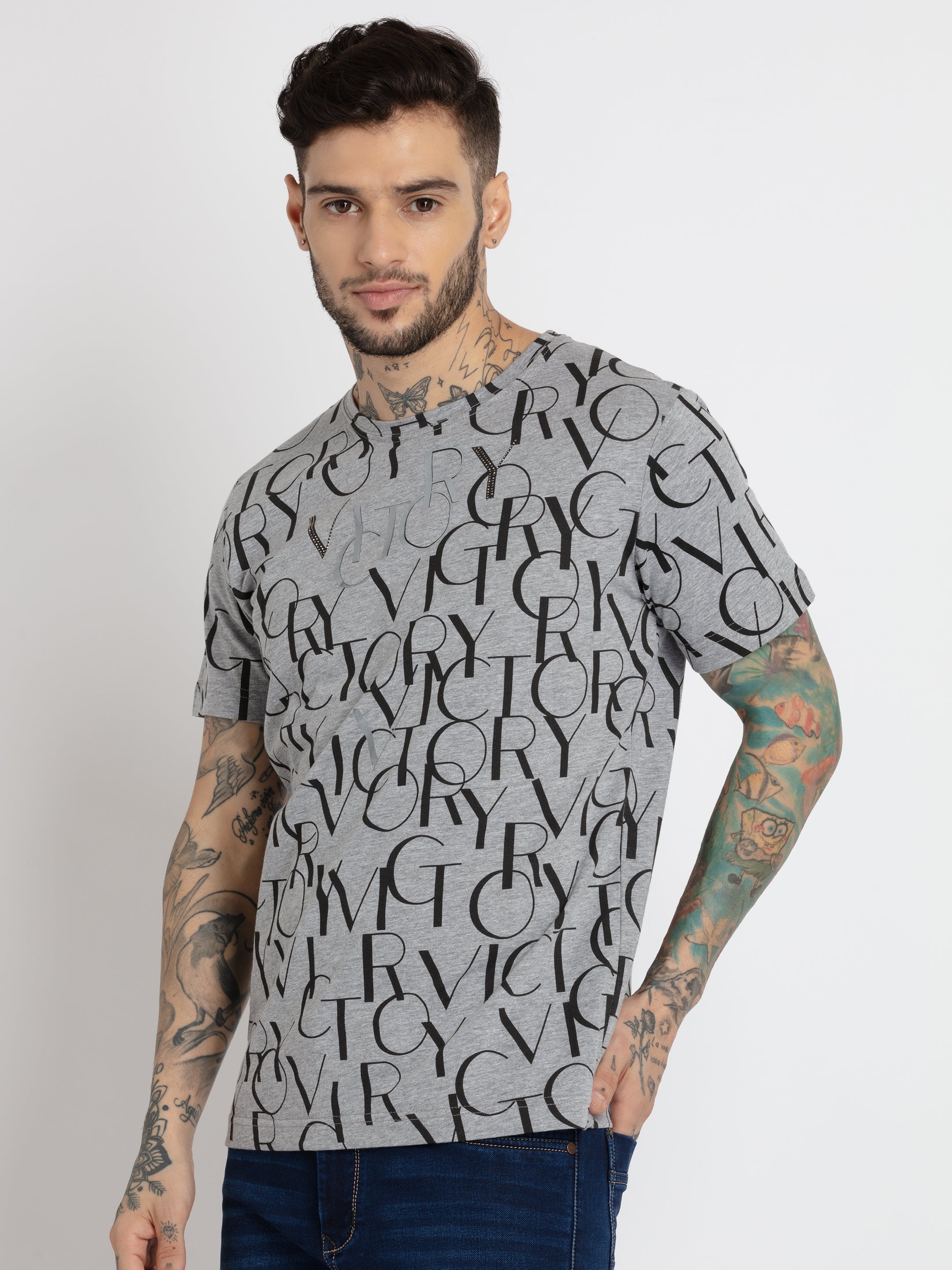 Status Quo | Men's Grey Cotton Typographic Printed Regular T-Shirt 1