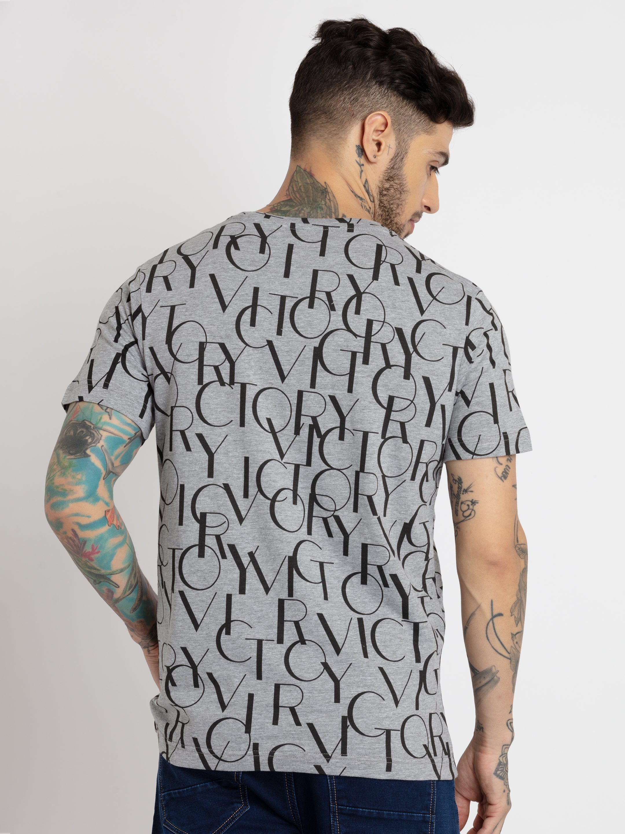 Status Quo | Men's Grey Cotton Typographic Printed Regular T-Shirt 2
