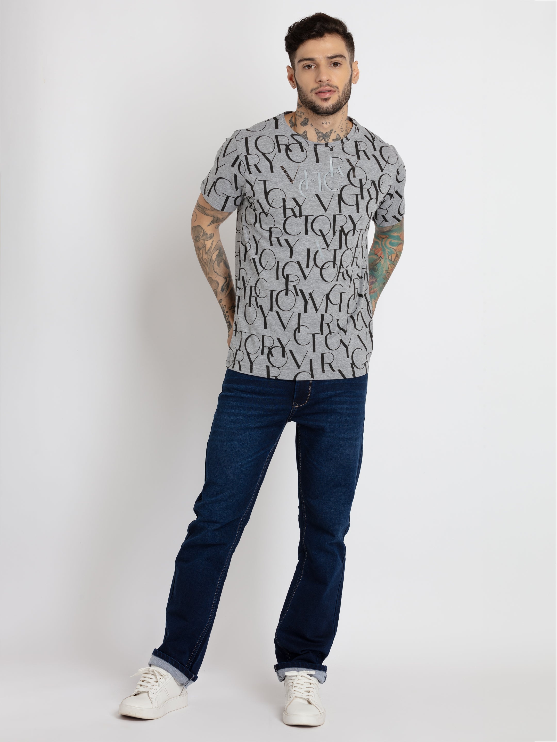 Status Quo | Men's Grey Cotton Typographic Printed Regular T-Shirt 4