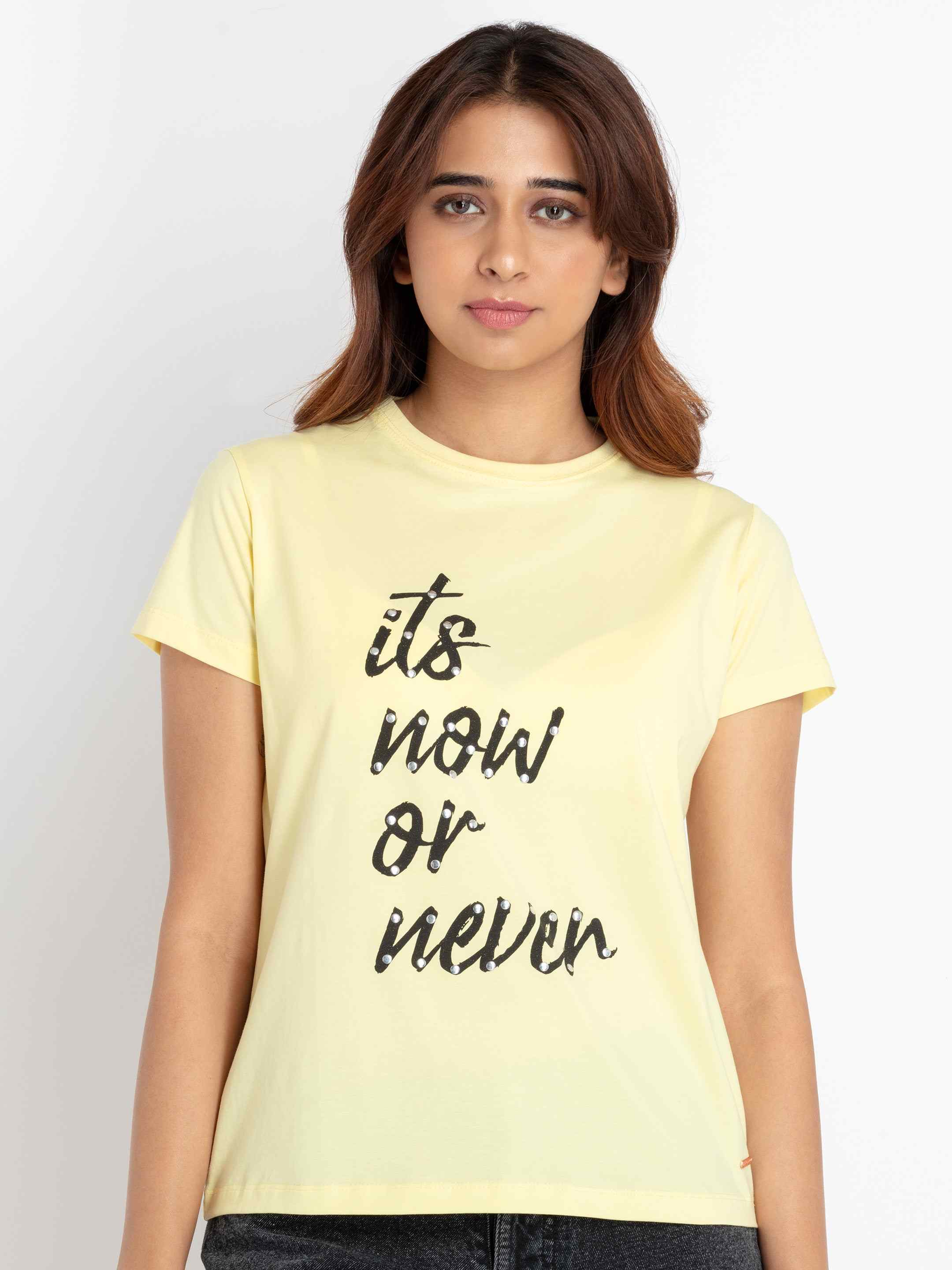 Women's Yellow Cotton Typographic Printed Regular T-Shirt