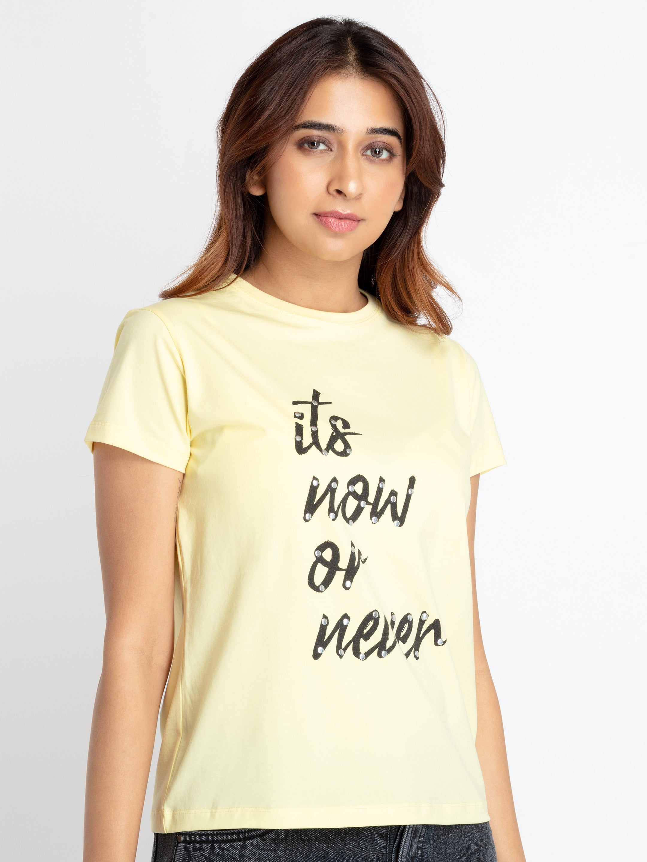 Women's Yellow Cotton Typographic Printed Regular T-Shirt