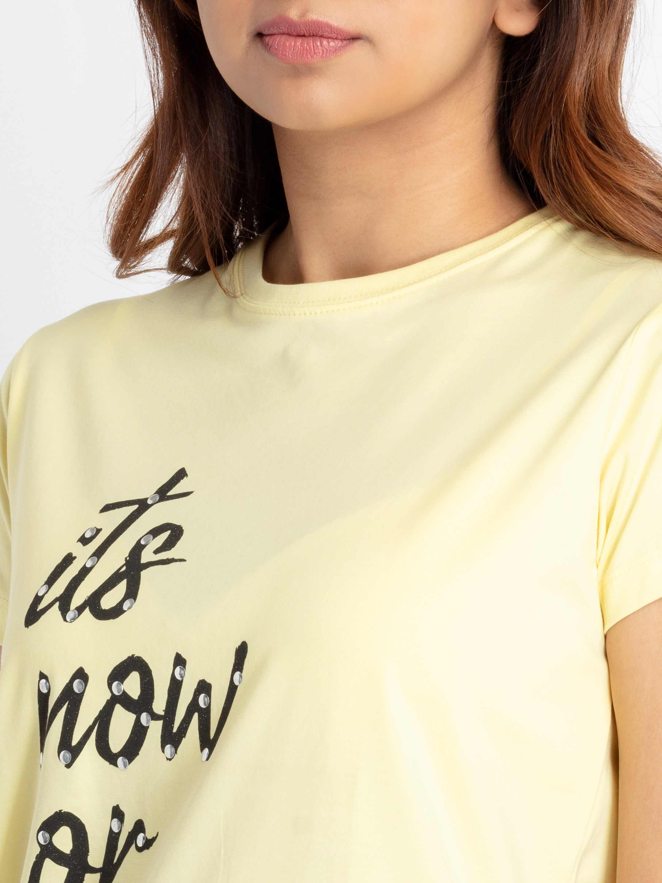 Women's Yellow Cotton Typographic Printed Regular T-Shirt