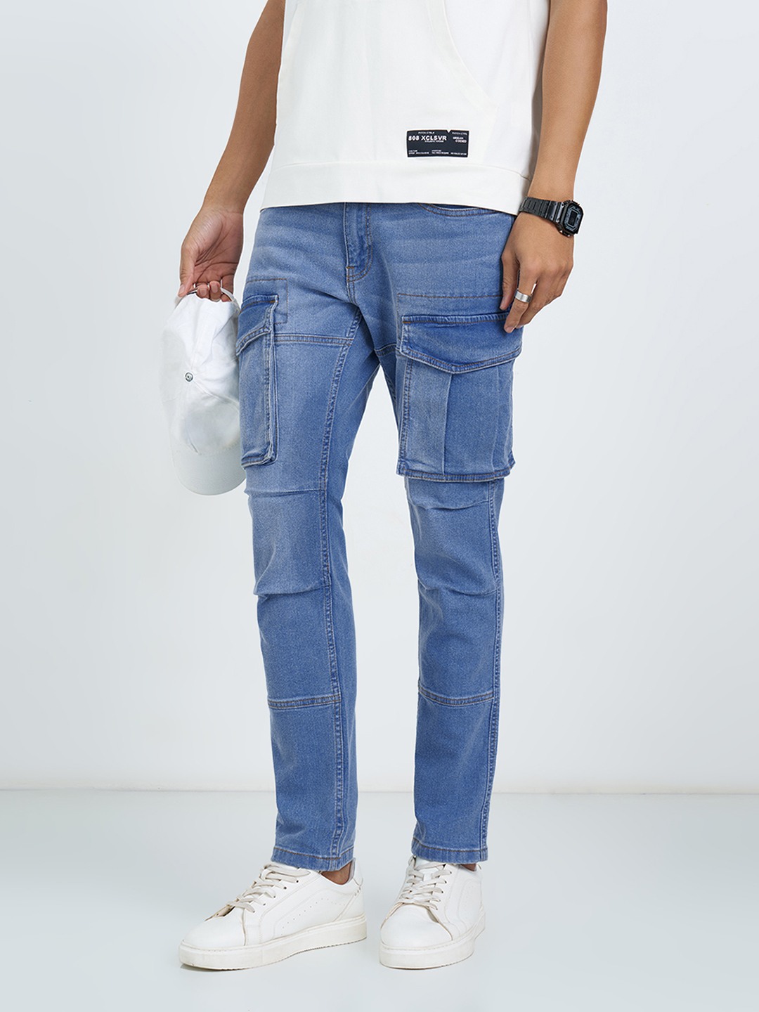 Blue Washed Slim Tapered Denim Cargo Pants