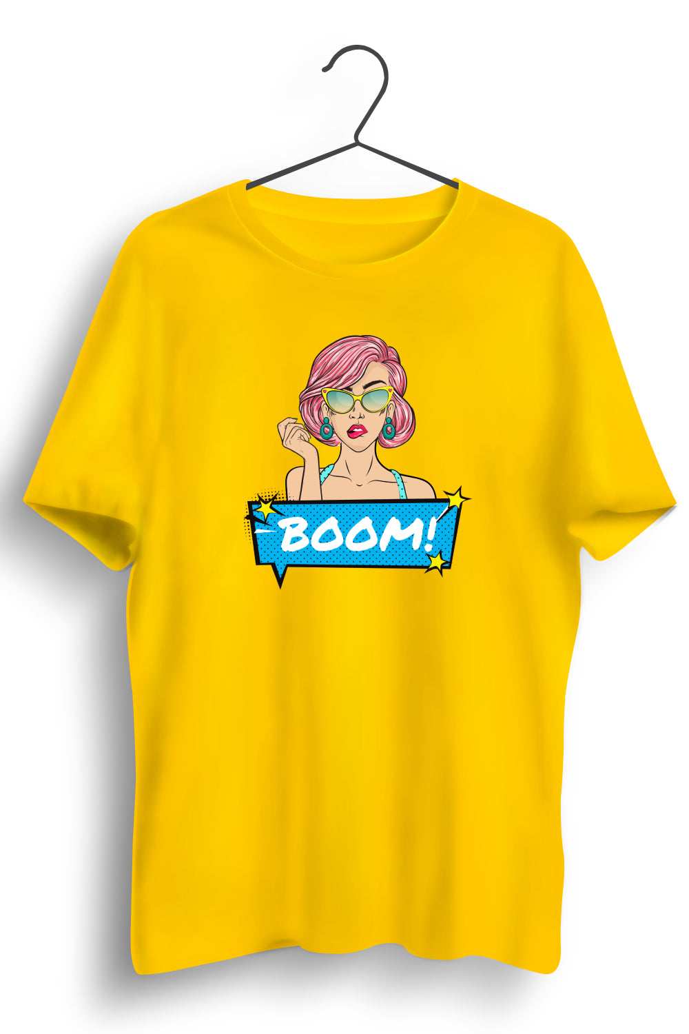 Boom Graphic Printed Mens Round Neck Yellow Cotton Tshirt
