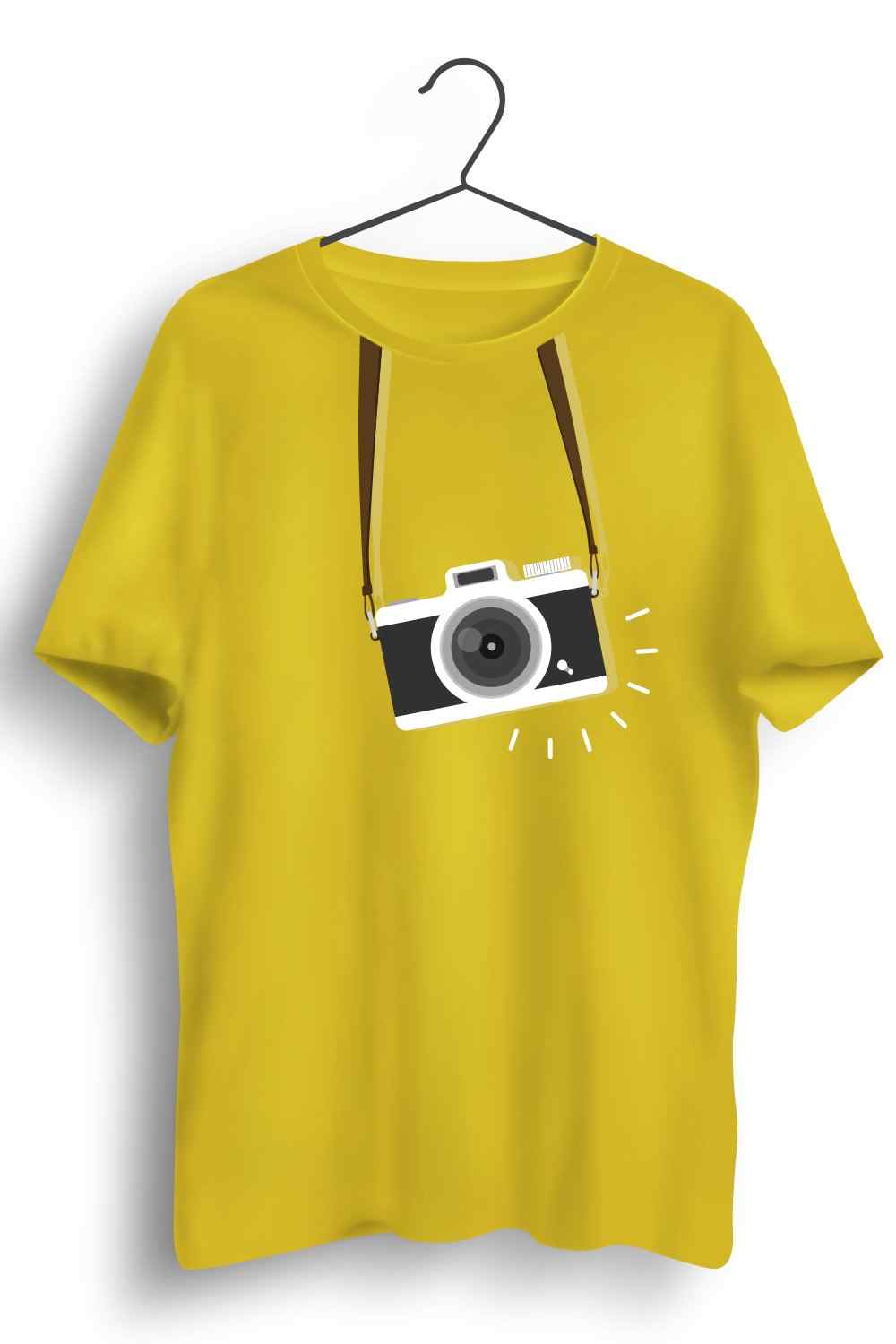 Camera Strap Graphic Printed Mens Round Neck Yellow Cotton Tshirt