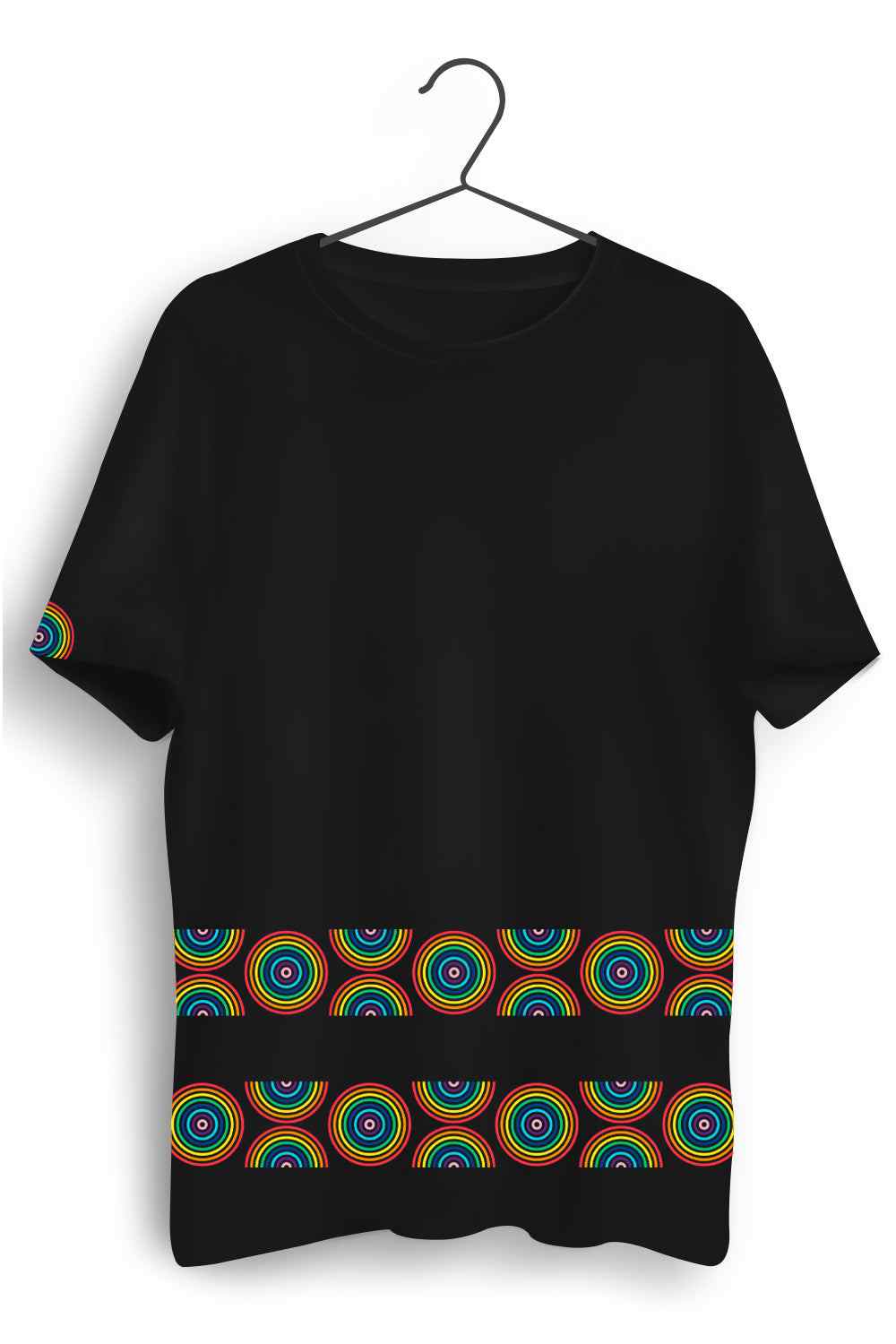 Color Circle Graphic Printed Mens Round Neck Black Cotton Tshirt
