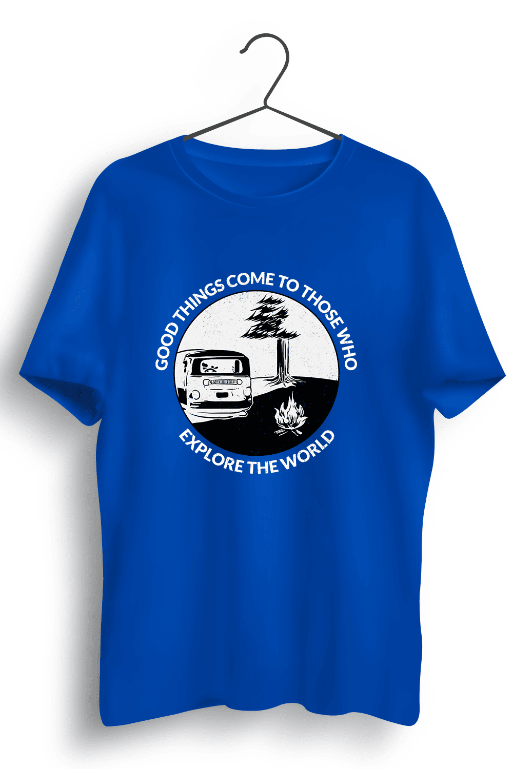 Explore The World Graphic Printed Mens Round Neck Blue Cotton Tshirt