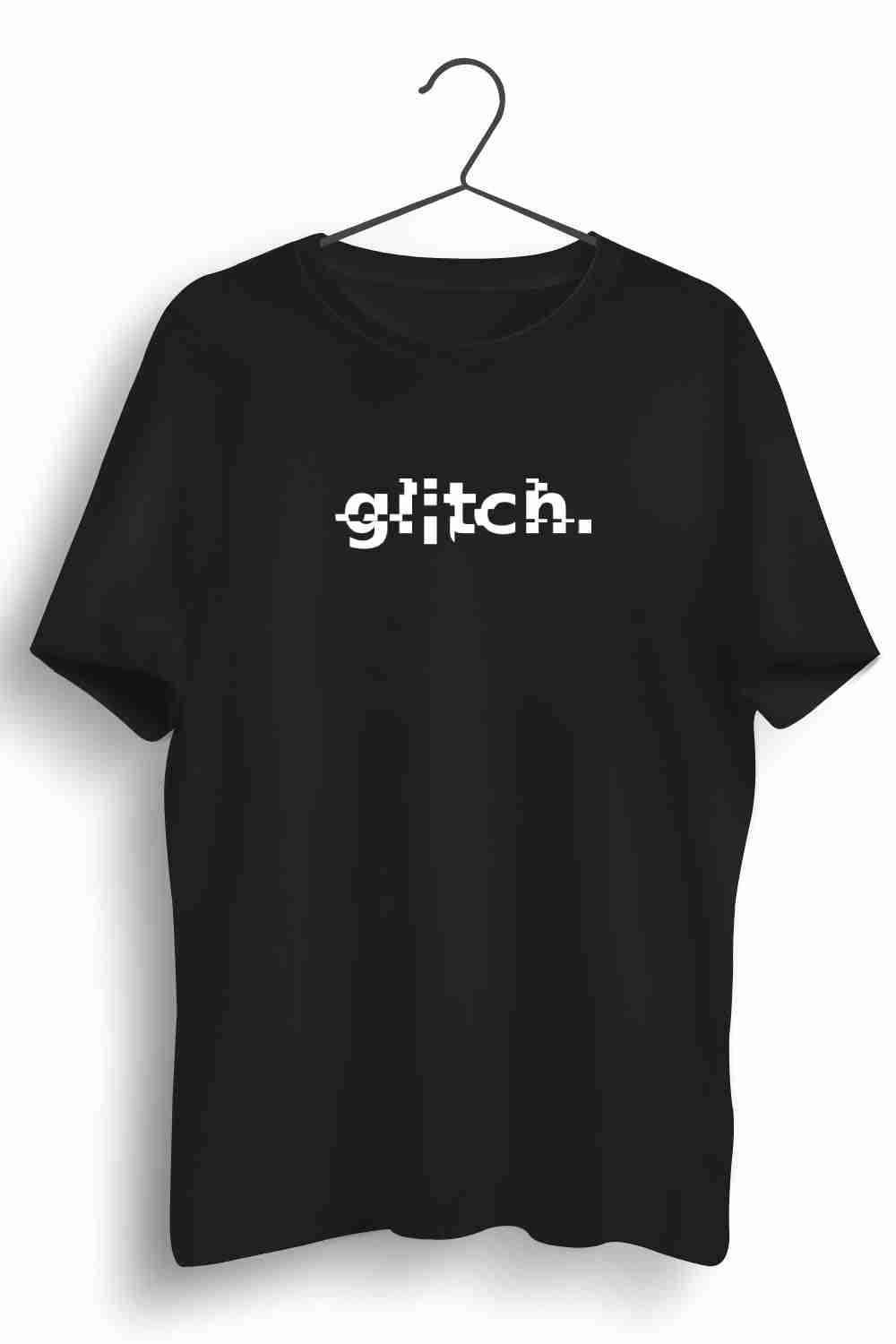 Glitch Graphic Printed Mens Round Neck Black Cotton Tshirt