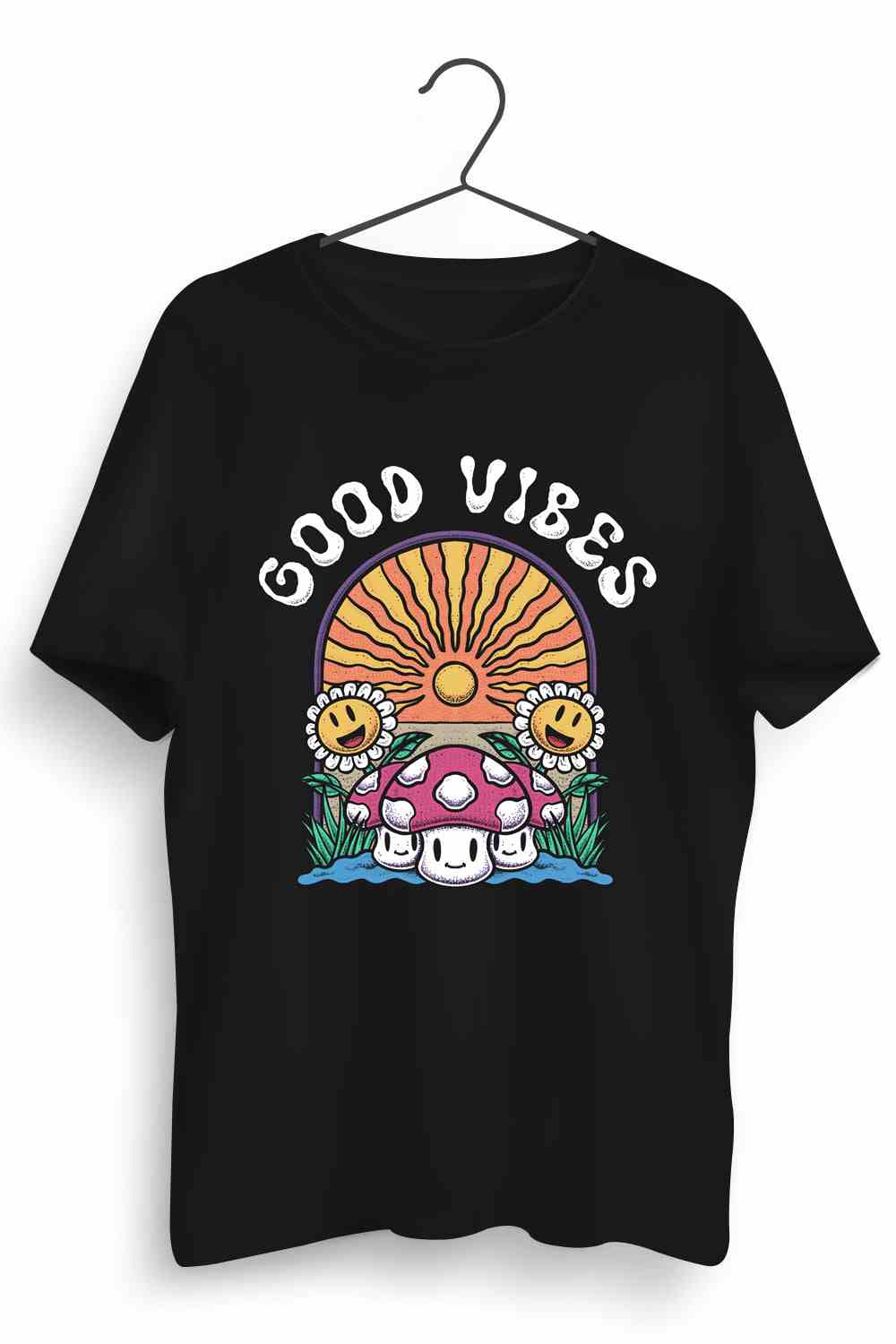 Good Vibes Graphic Printed Mens Round Neck Black Cotton Tshirt