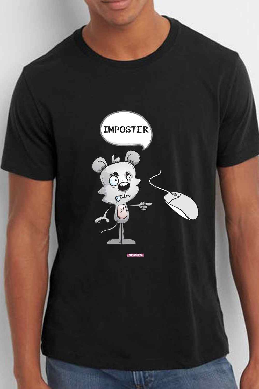 Imposter - Quirky Graphic Printed Mens Cotton T-Shirt Black Color