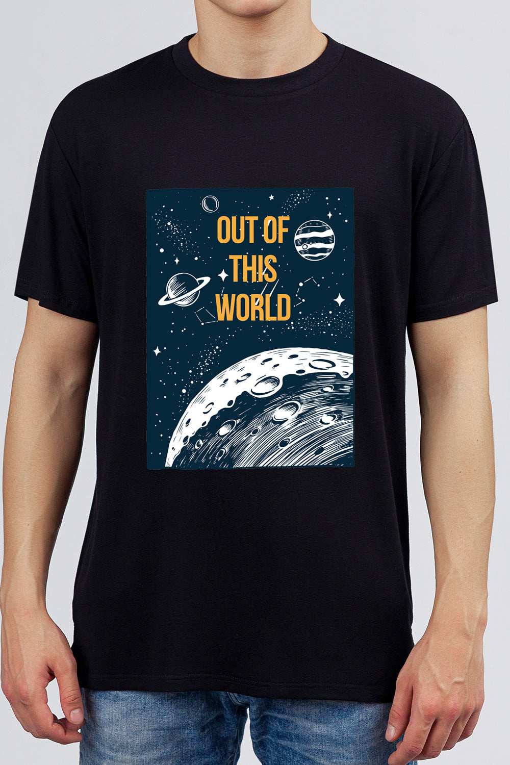 Out of this World- Block Graphic Printed Mens Cotton Black Tee