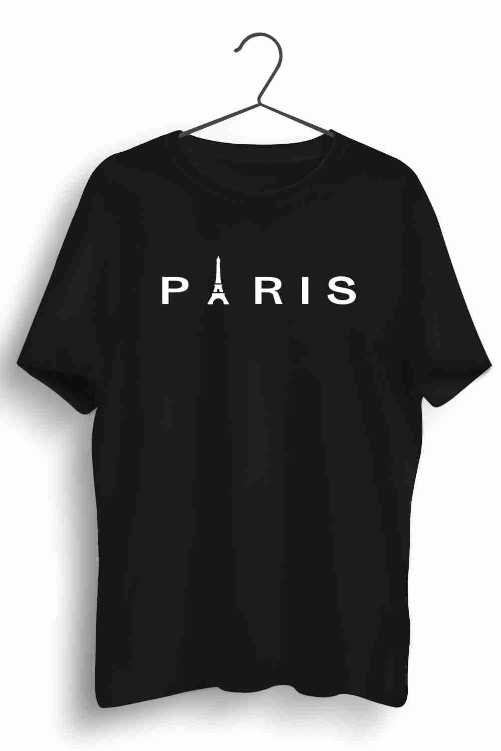 Paris Graphic Printed Mens Round Neck Black Cotton Tshirt