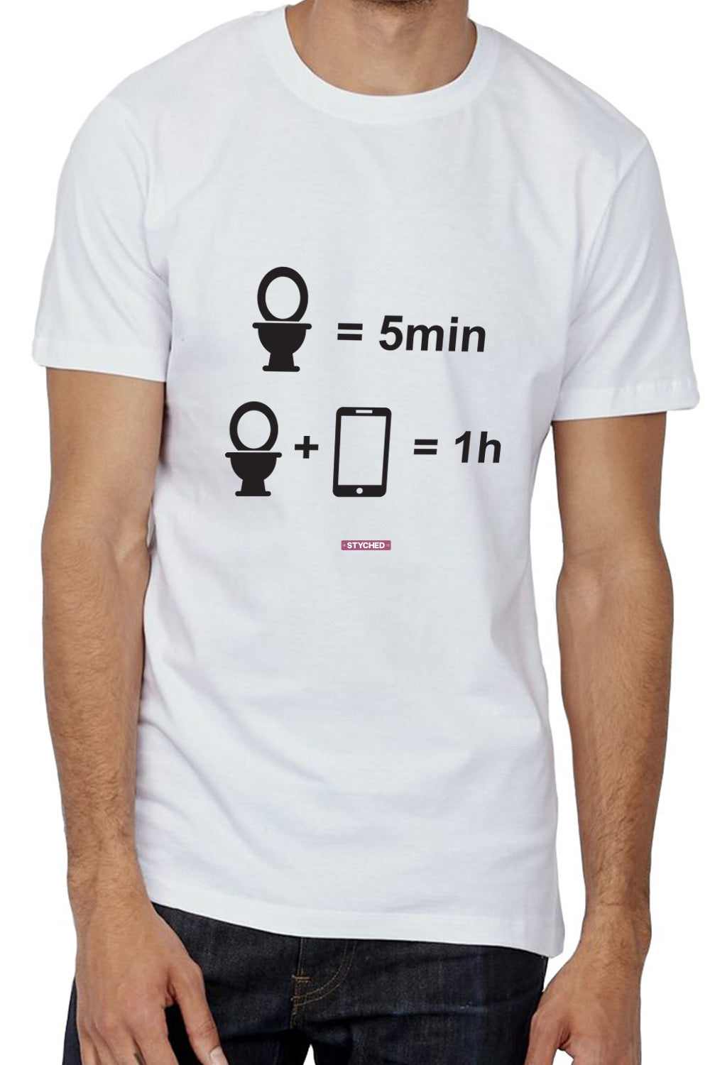 Time in restroom with phone - Quirky Graphic Printed Mens Cotton T-Shirt White Color
